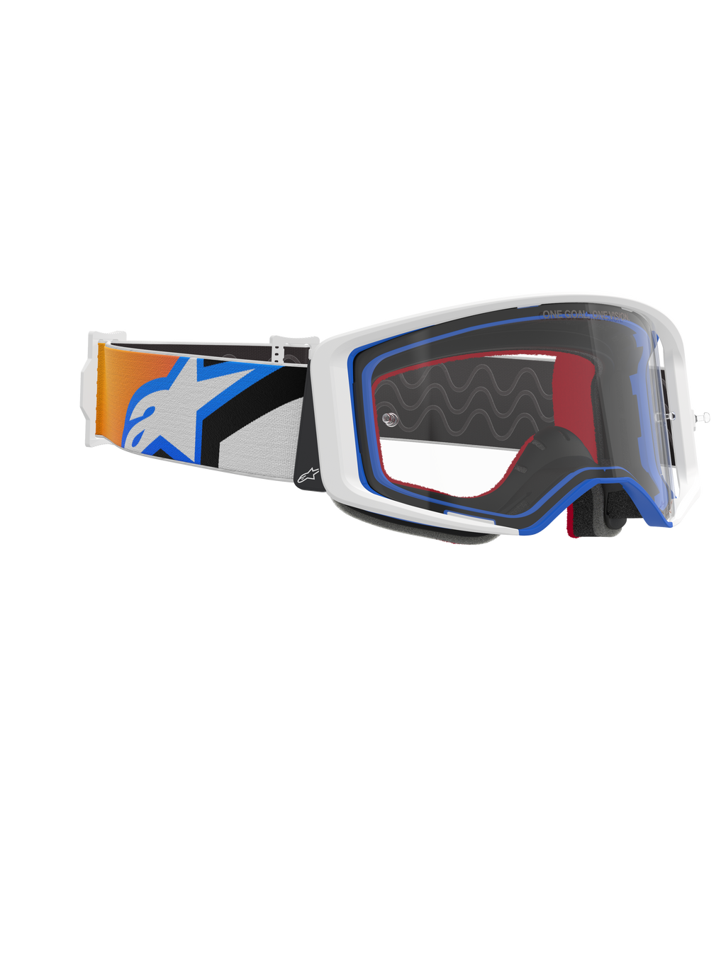 Alpinestars Supertech Corp Goggles, motorcrossbril, blauw, oranje en helder, zijaanzicht met heldere lens, wit frame met blauwe en rode accenten, en brede band met oranje en blauwe graphics en groot wit Alpinestars-logo.