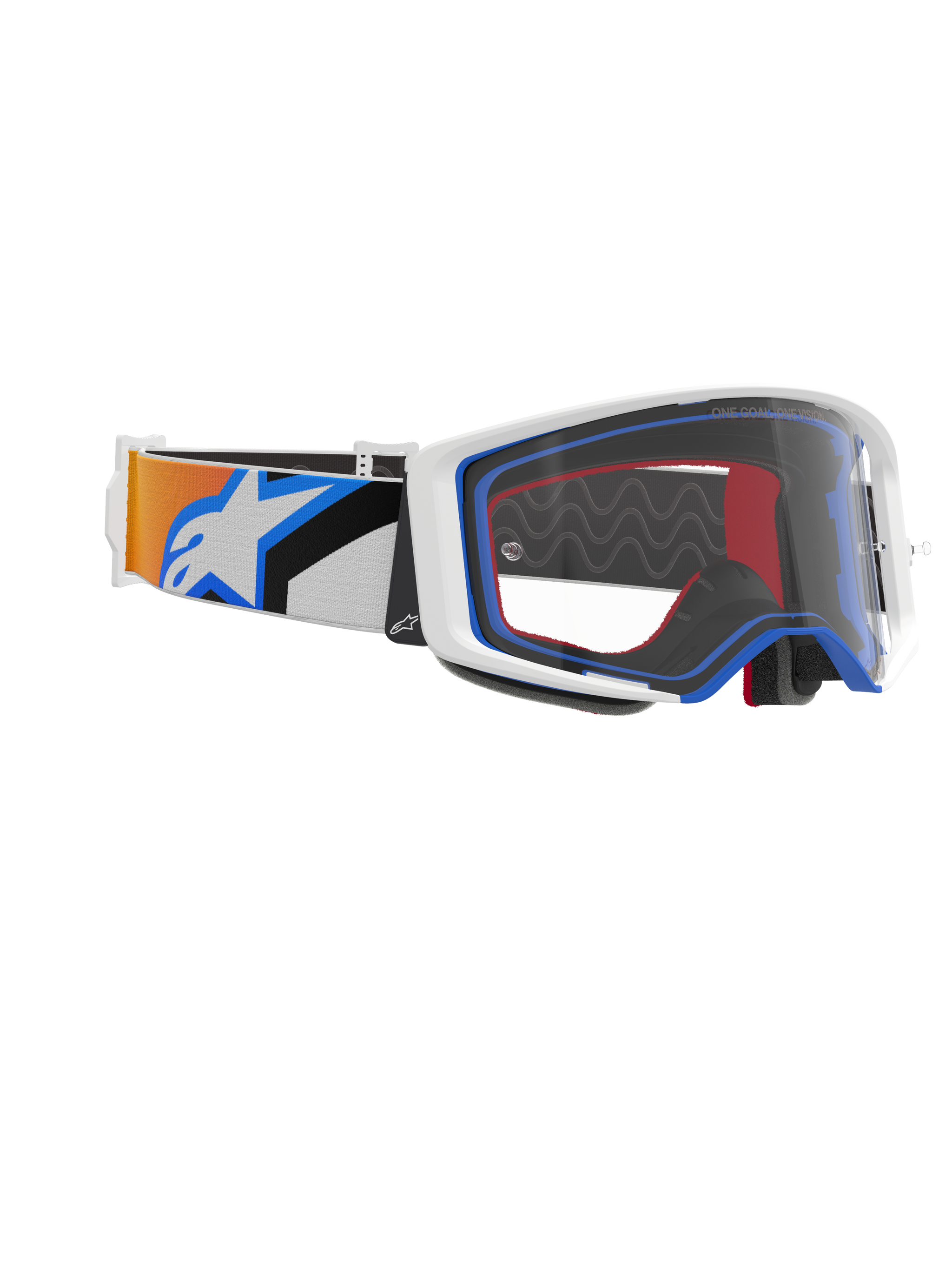 Alpinestars Supertech Corp Goggles, Motocross Goggles, Blue Orange and Clear, side view showing clear lens, white frame with blue and red accents, and wide strap with orange and blue graphics and large white Alpinestars logo.