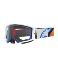 Alpinestars Supertech Corp Goggles, motorcrossbril, blauw, oranje en wit, heldere lens met wit frame en blauwe accenten, brede band met Alpinestars sterlogo en siliconen grip, hoogwaardige beschermende eyewear voor off-road racing