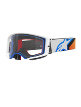 Alpinestars Supertech Corp Goggles, Motocross Goggles, Blue Orange and White, Clear lens with white frame and blue accents, wide strap with Alpinestars star logo and silicone grip, high-performance protective eyewear for off-road racing