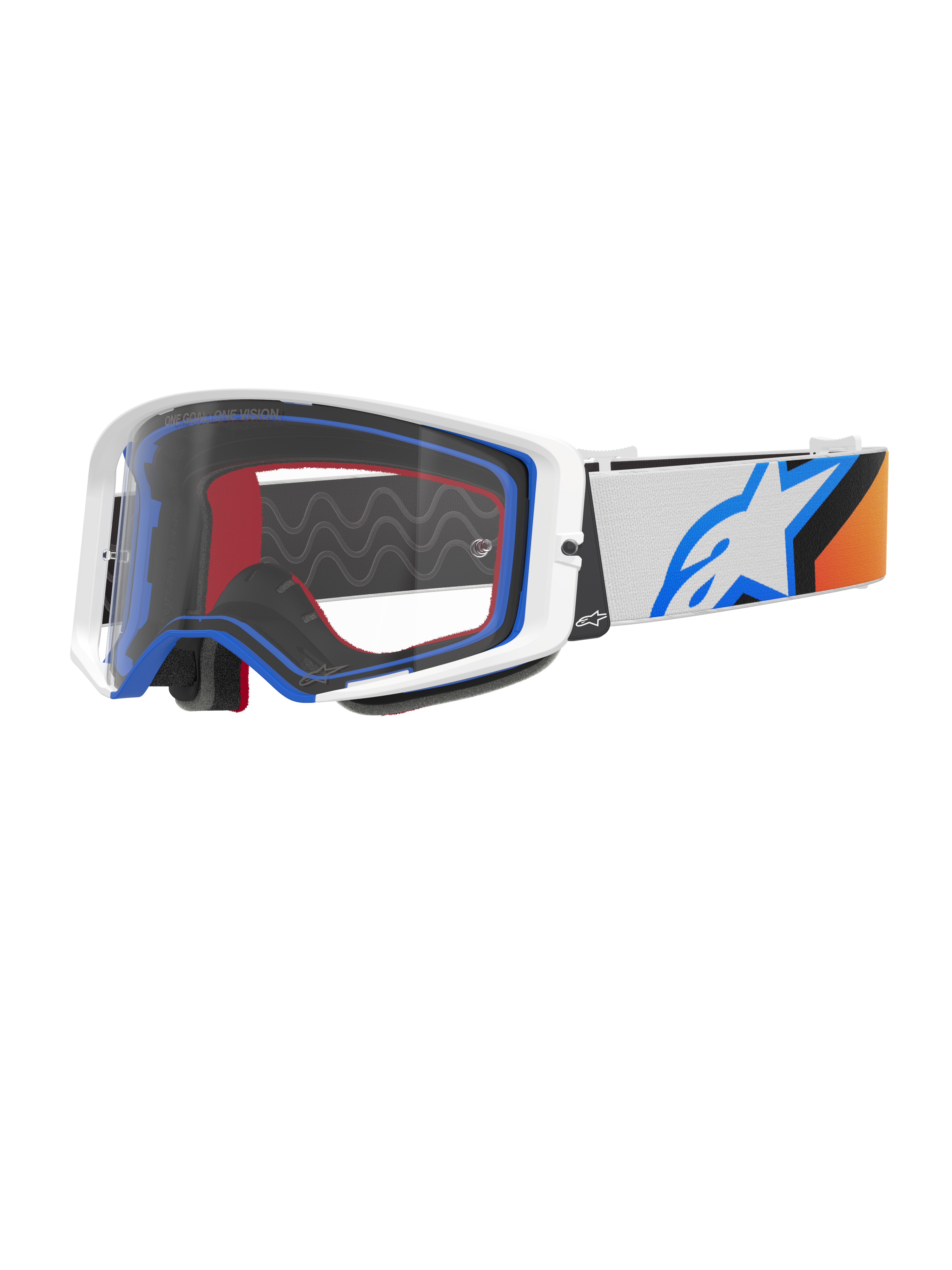 Alpinestars Supertech Corp Goggles, motorcrossbril, blauw, oranje en wit, heldere lens met wit frame en blauwe accenten, brede band met Alpinestars sterlogo en siliconen grip, hoogwaardige beschermende eyewear voor off-road racing