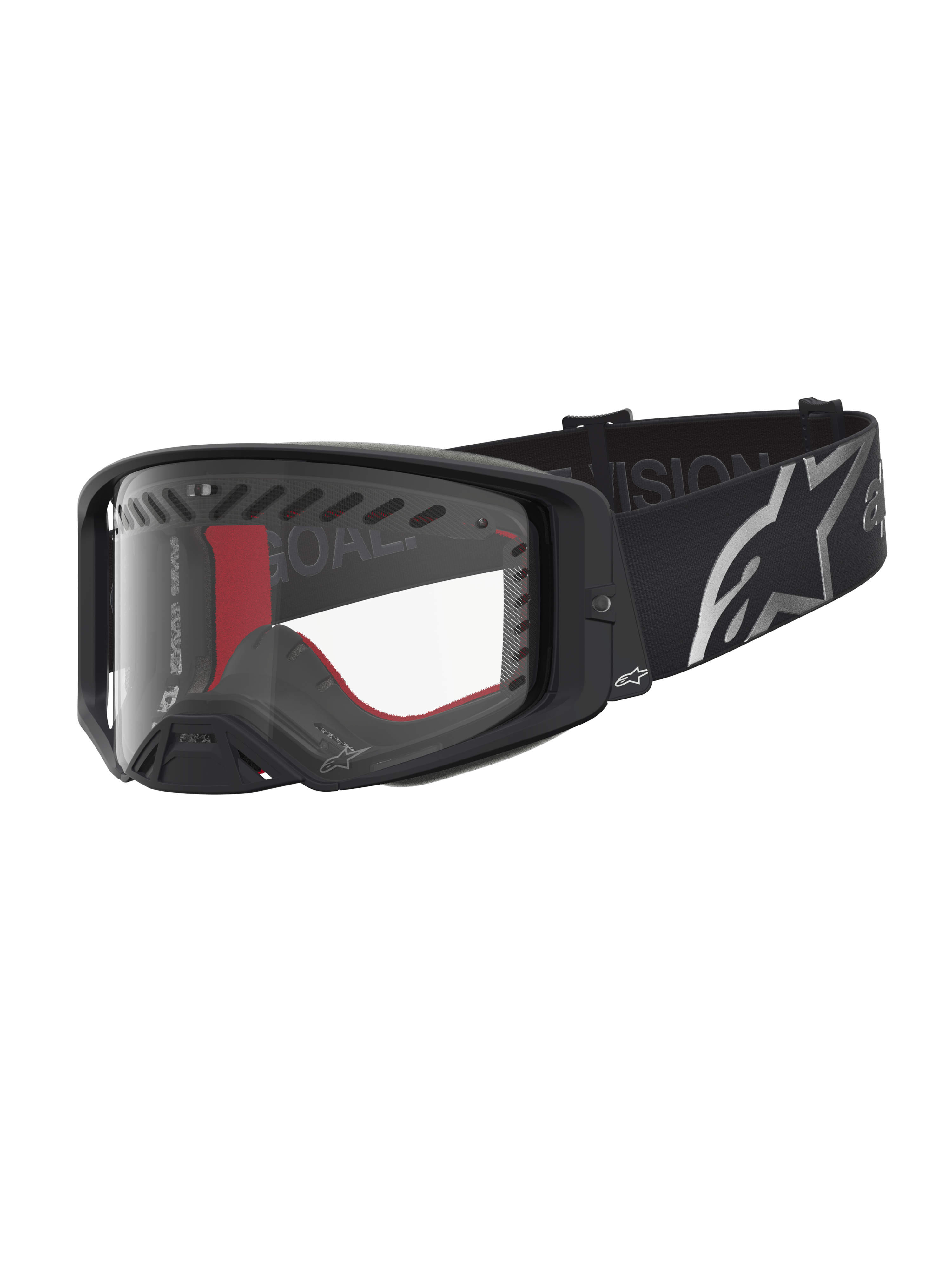 Alpinestars Supertech Dura Air Fluid veiligheidsbril voor motocross, zwart en zilver met heldere lens en brede logoband.