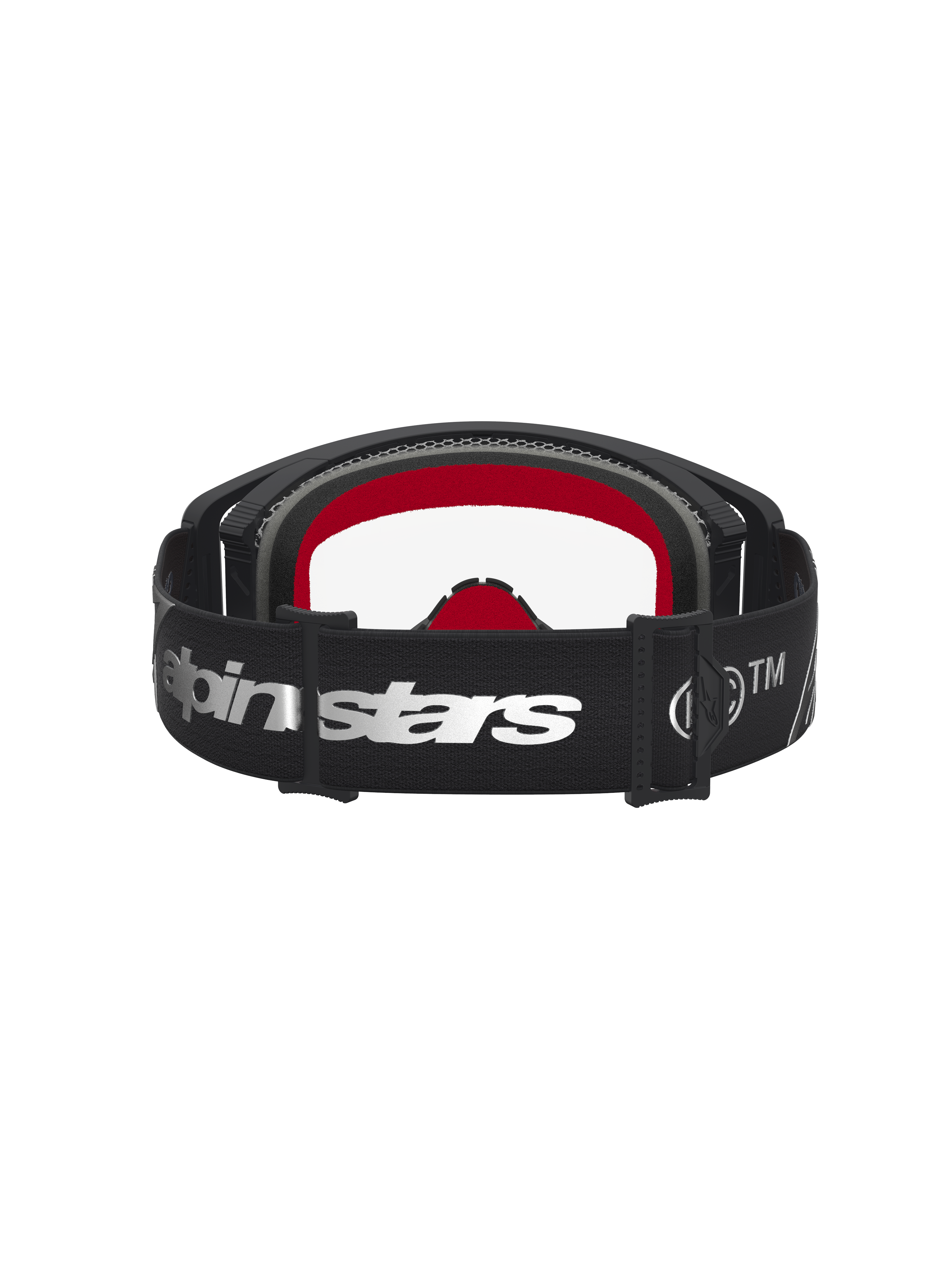 Alpinestars Supertech Dura Air Fluid Motocross Goggles in black and silver with clear lens and red interior padding.