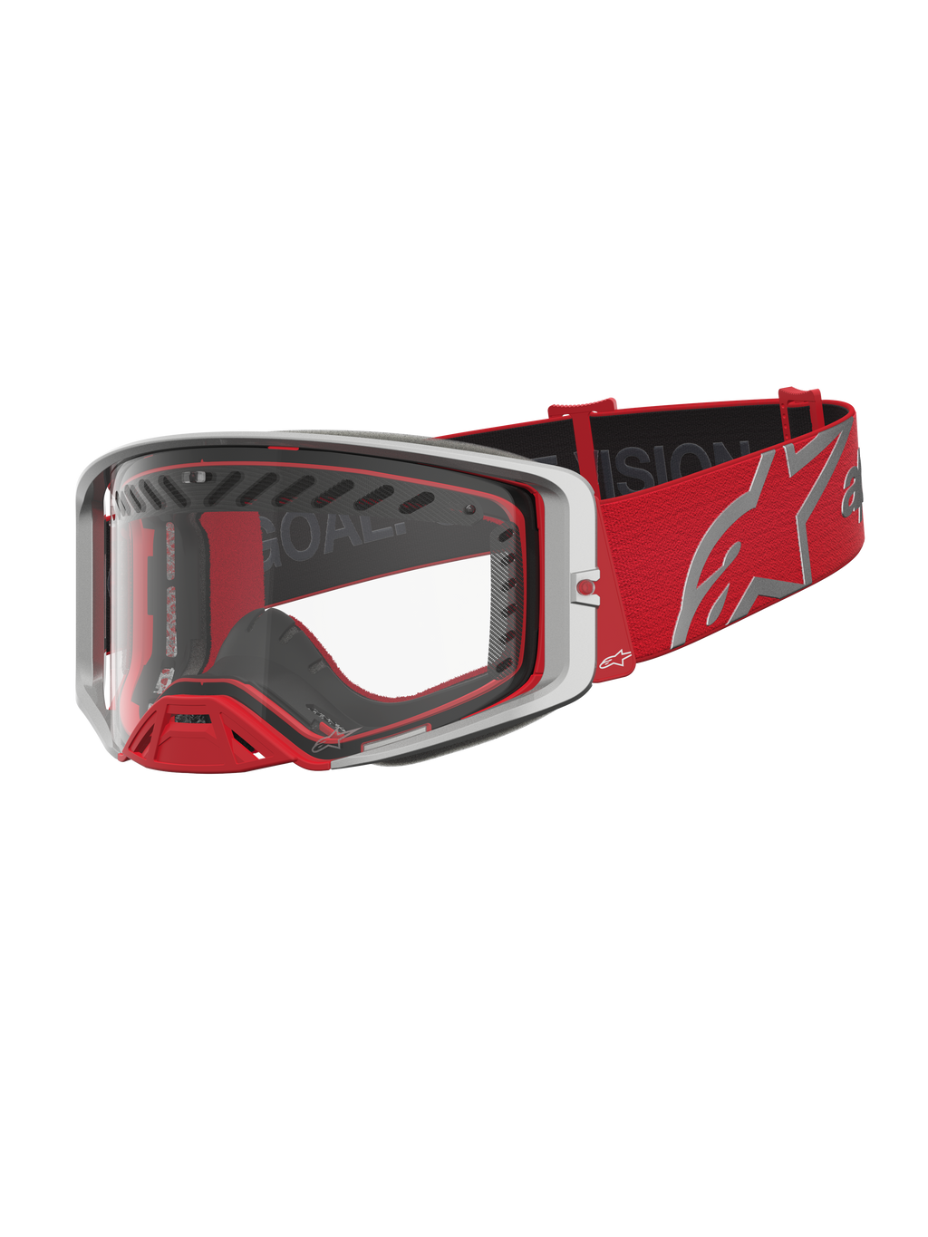 Alpinestars Supertech Dura Air Fluid veiligheidsbril, motocross racing, rood en zilver, met heldere polycarbonaat lens en geoptimaliseerde luchtstroom voor off-road competitie.