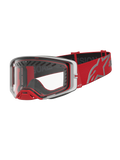 Alpinestars Supertech Dura Air Fluid veiligheidsbril, motocross racing, rood en zilver, met heldere polycarbonaat lens en geoptimaliseerde luchtstroom voor off-road competitie.