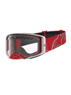 Alpinestars Supertech Dura Air Fluid veiligheidsbril, motocross racing, rood en zilver, met heldere polycarbonaat lens en geoptimaliseerde luchtstroom voor off-road competitie.