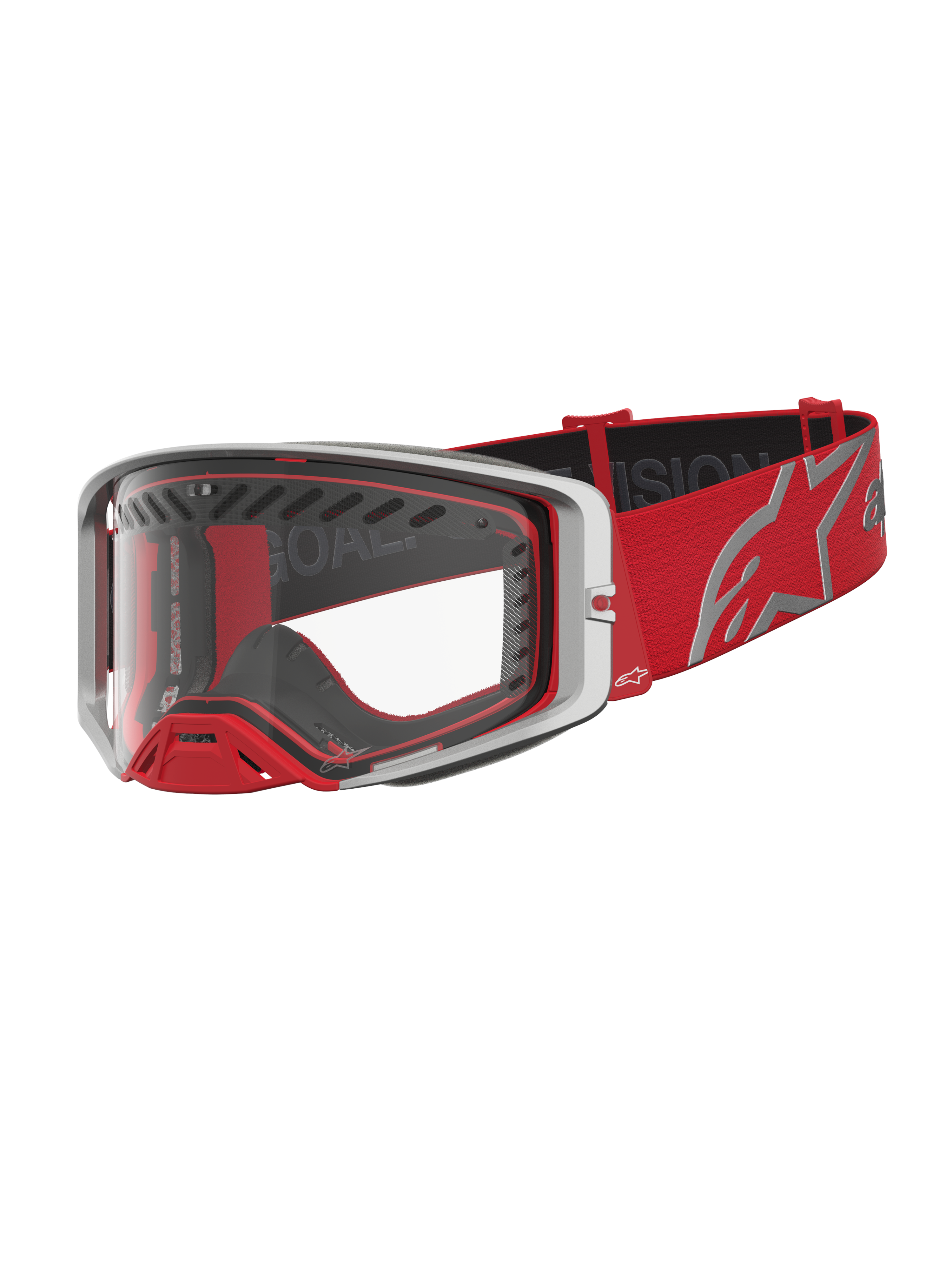 Alpinestars Supertech Dura Air Fluid veiligheidsbril, motocross racing, rood en zilver, met heldere polycarbonaat lens en geoptimaliseerde luchtstroom voor off-road competitie.
