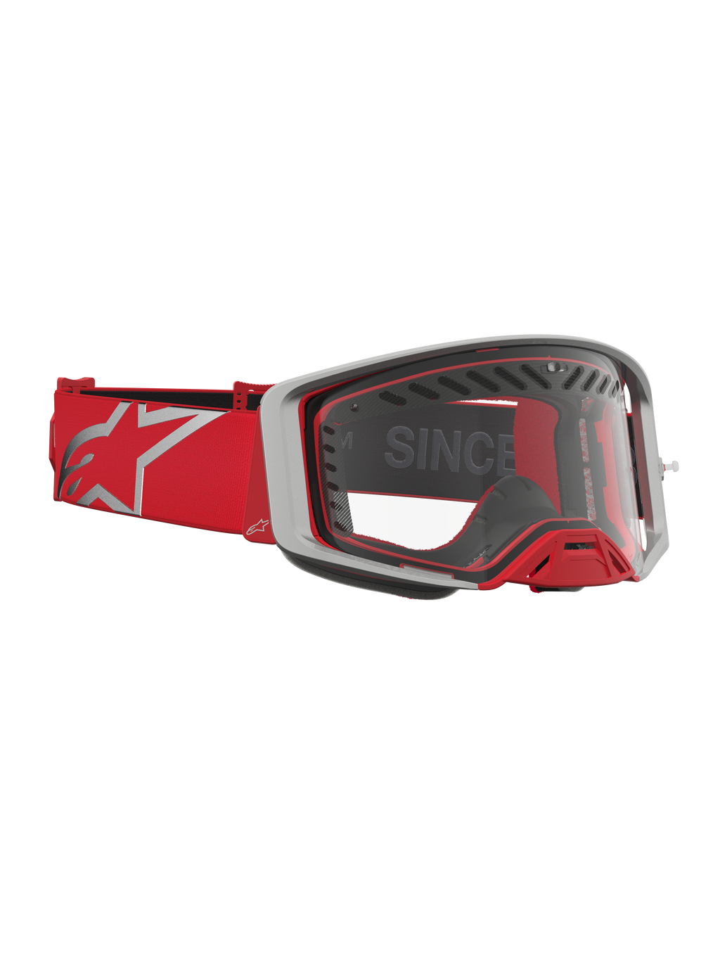 Alpinestars Supertech Dura Air Fluid veiligheidsbril in rood en zilver met helder vizier en ventilatie.