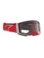 Alpinestars Supertech Dura Air Fluid veiligheidsbril in rood en zilver met helder vizier en ventilatie.