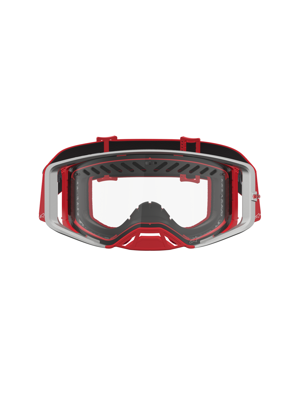 Alpinestars Supertech Dura Air Fluid veiligheidsbril, professionele motorcrossbril, rood en zilver, heldere polycarbonaat lens.