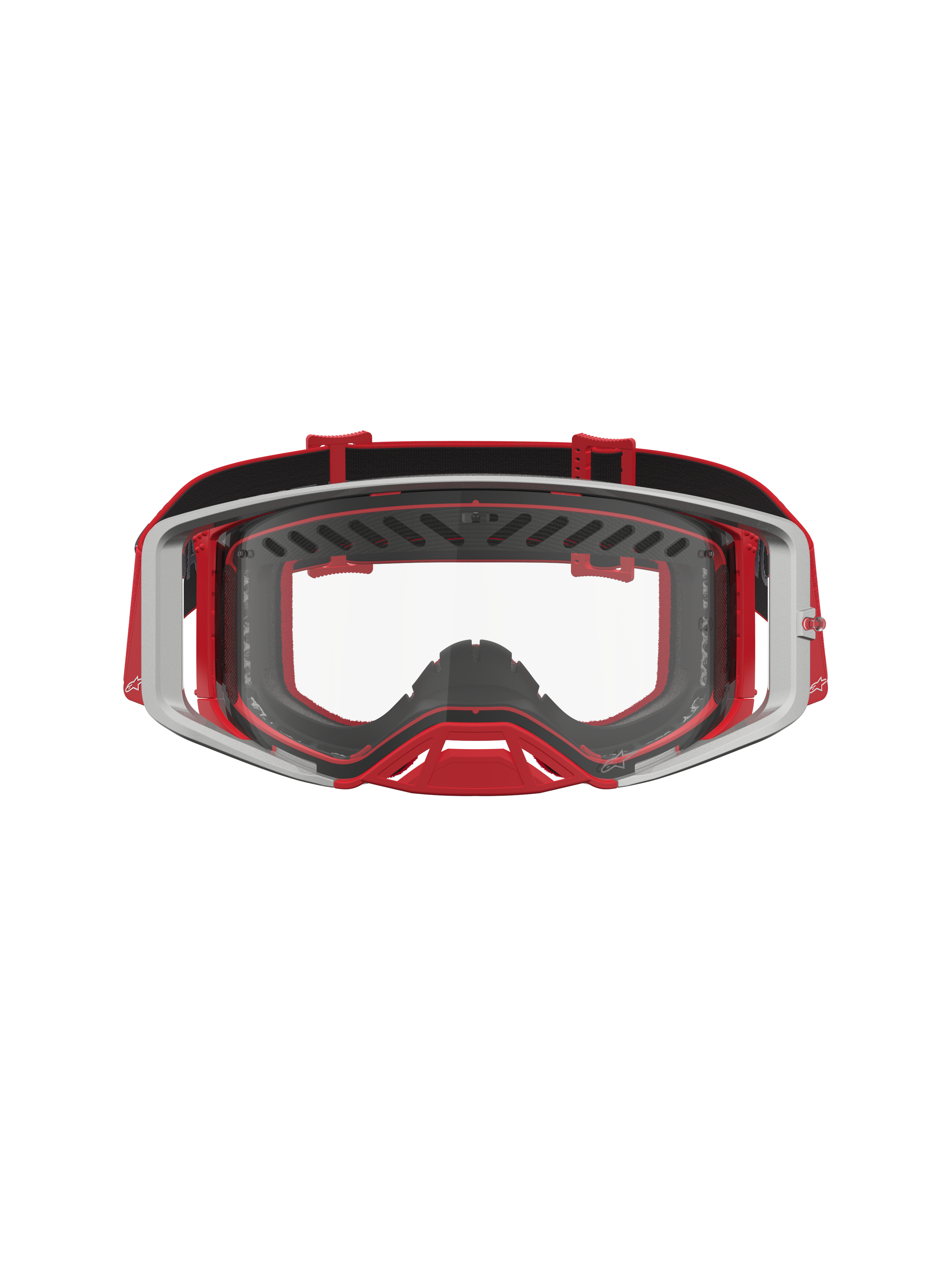 Alpinestars Supertech Dura Air Fluid veiligheidsbril, professionele motorcrossbril, rood en zilver, heldere polycarbonaat lens.