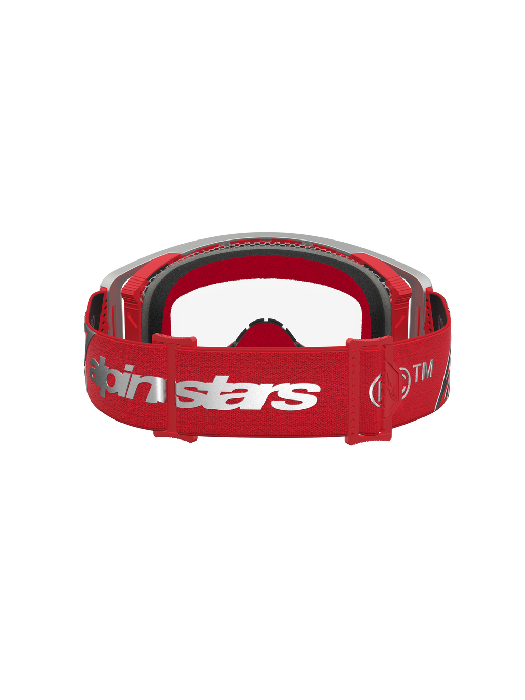 Alpinestars Supertech Dura Air Fluid veiligheidsbril, rode en zilveren crossbril met verstelbare logoband en foamvulling.