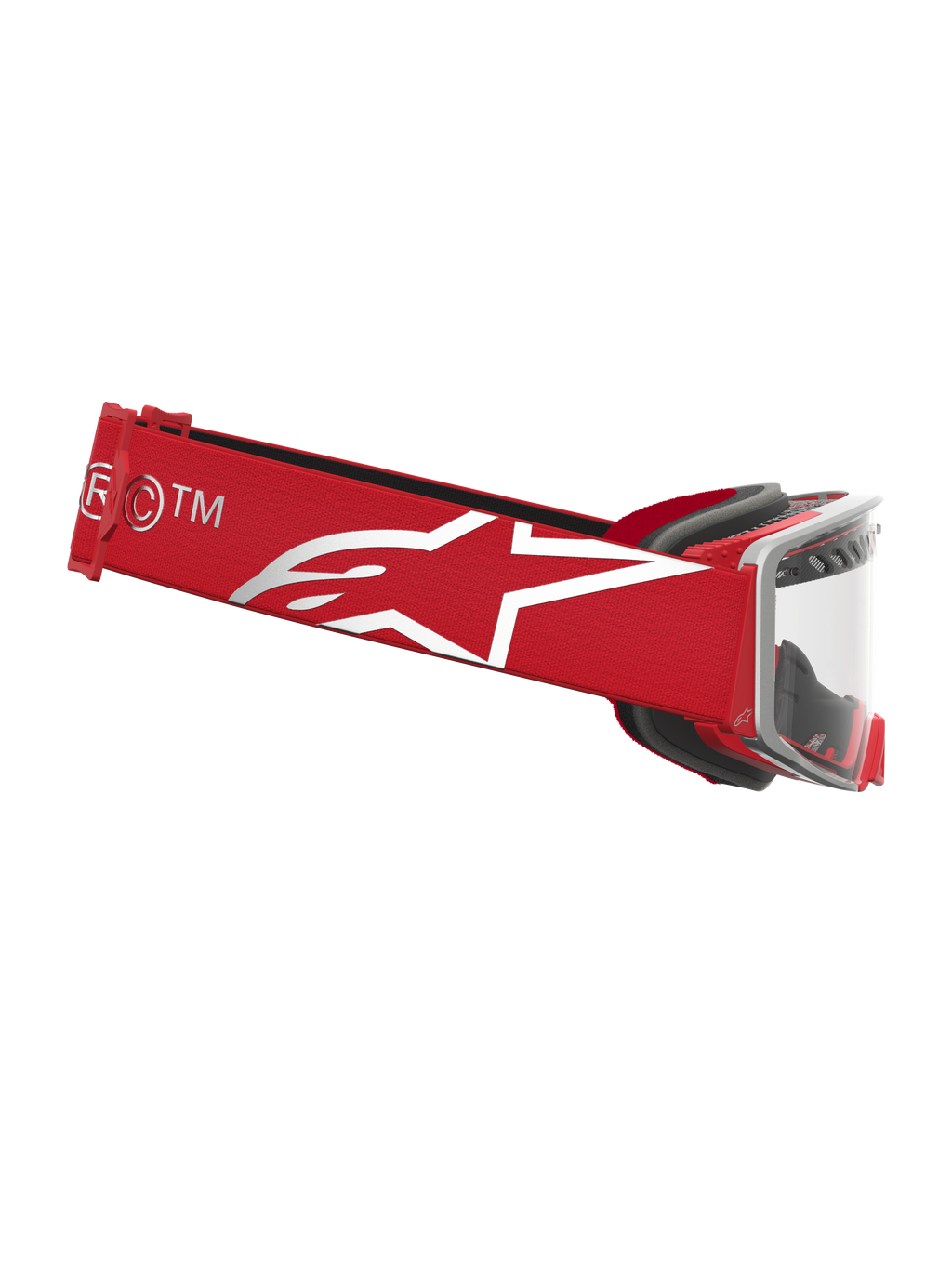 Alpinestars Supertech Dura Air Fluid veiligheidsbril voor motocross racing, rood en zilver met heldere lens en wit sterlogo.
