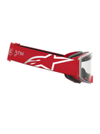 Alpinestars Supertech Dura Air Fluid veiligheidsbril voor motocross racing, rood en zilver met heldere lens en wit sterlogo.