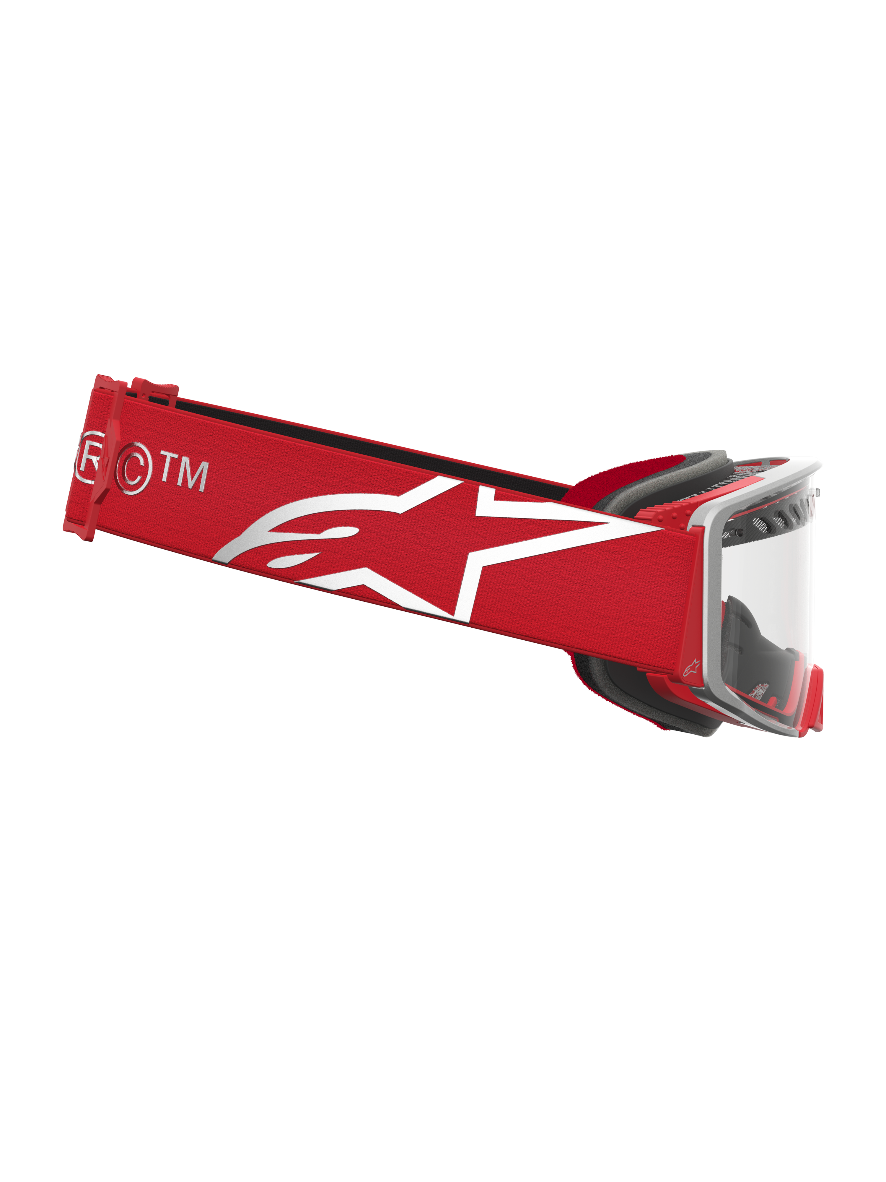 Alpinestars Supertech Dura Air Fluid veiligheidsbril voor motocross racing, rood en zilver met heldere lens en wit sterlogo.