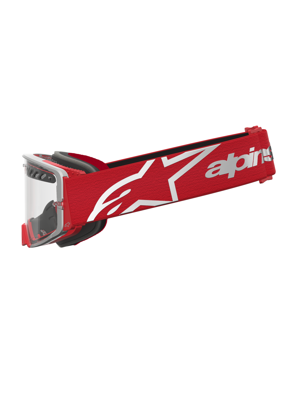 Alpinestars Supertech Dura Air Fluid veiligheidsbril, rood en zilver, motorcrossbril met heldere lens en witte logoband.