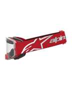 Alpinestars Supertech Dura Air Fluid veiligheidsbril, rood en zilver, motorcrossbril met heldere lens en witte logoband.