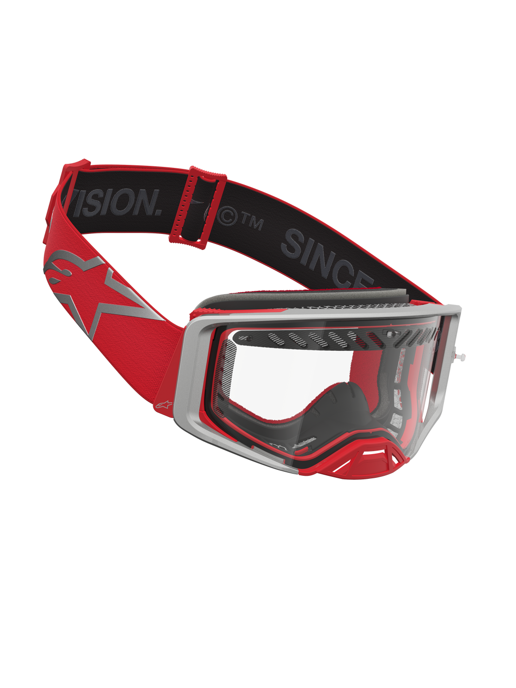 Alpinestars Supertech Dura Air Fluid veiligheidsbril, rood en zilver, motocrossbril met heldere lens en geventileerd frame.