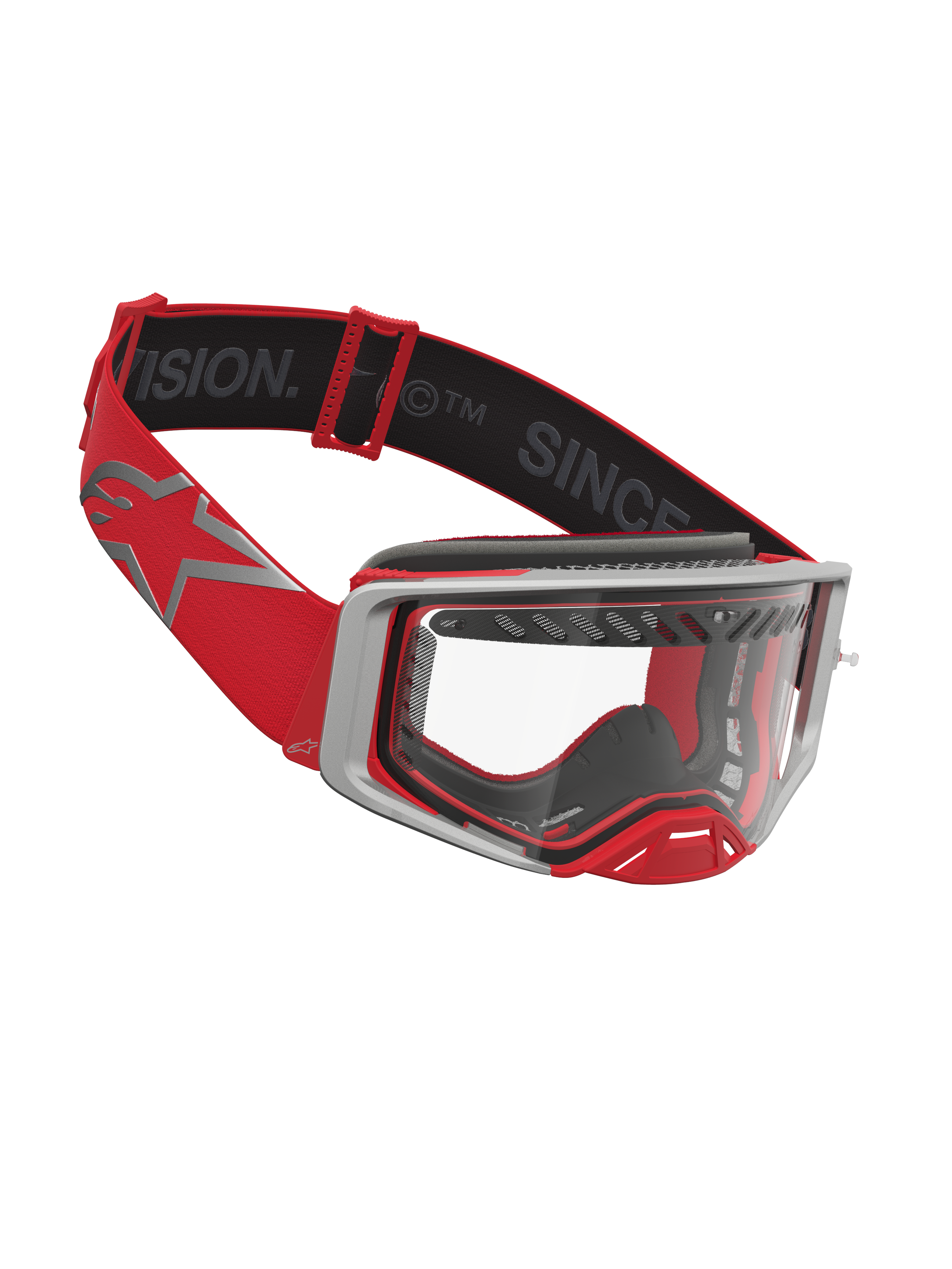 Alpinestars Supertech Dura Air Fluid veiligheidsbril, rood en zilver, motocrossbril met heldere lens en geventileerd frame.