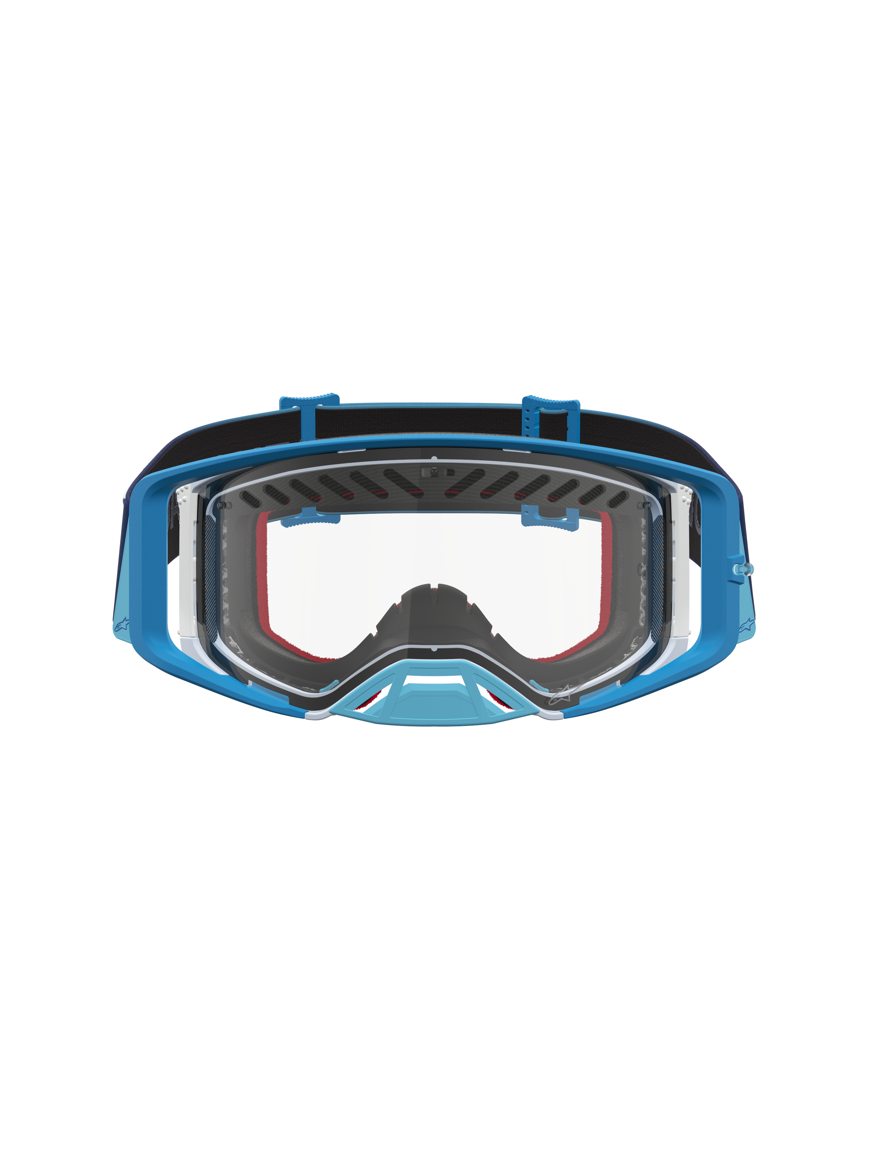 Alpinestars Supertech Dura Air Fluid Goggles in blue fade and grey for motocross with a clear, high-grade lens.