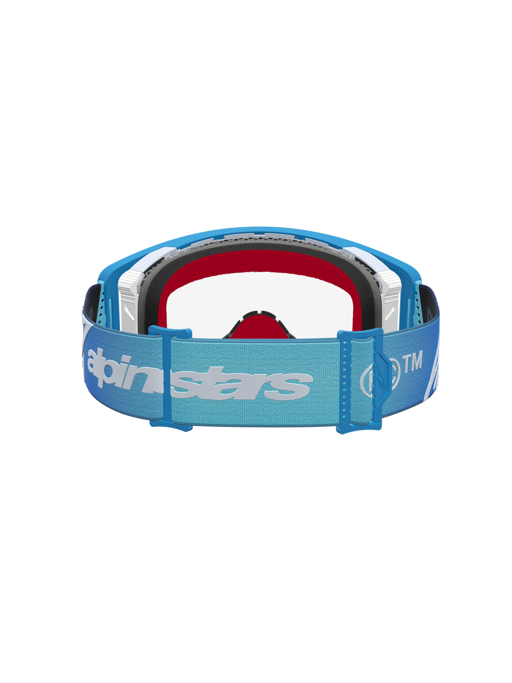 Alpinestars Supertech Dura Air Fluid Goggles for motocross, blue and silver frame with a clear lens and adjustable logo strap.