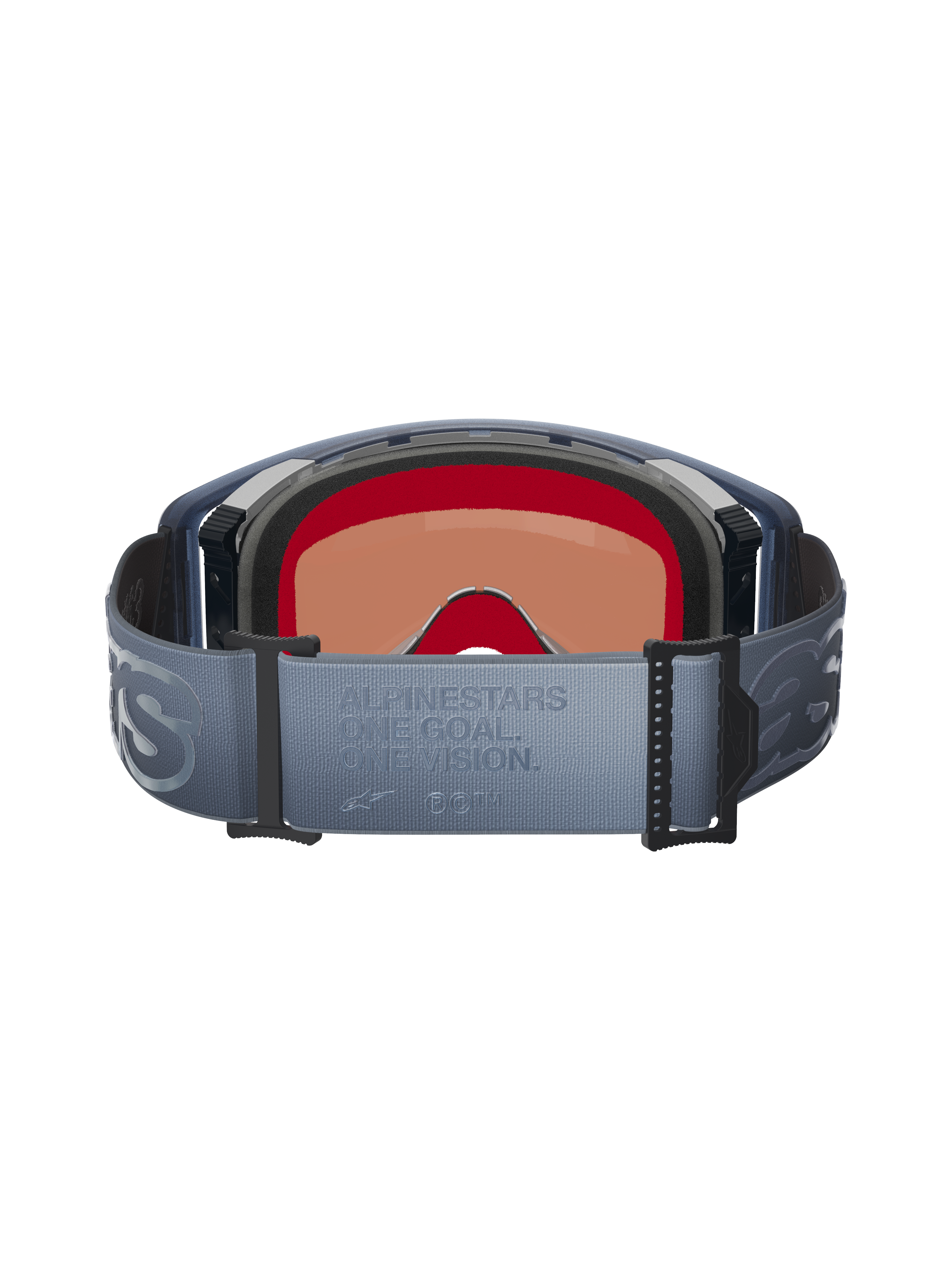 Alpinestars Supertech Vision Vista Goggles, rear view, blue-grey adjustable strap with embossed 'ONE GOAL. ONE VISION.' text, black multi-layer face foam, interior view of the tinted lens, designed for motocross performance