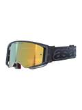 Alpinestars Supertech Vision Vista Goggles, Motocross MX Goggles, Black Mirror Gold colorway, dark translucent frame, gold mirrored lens featuring "ONE GOAL. ONE VISION." text, black strap with large embossed gray "astars" branding
