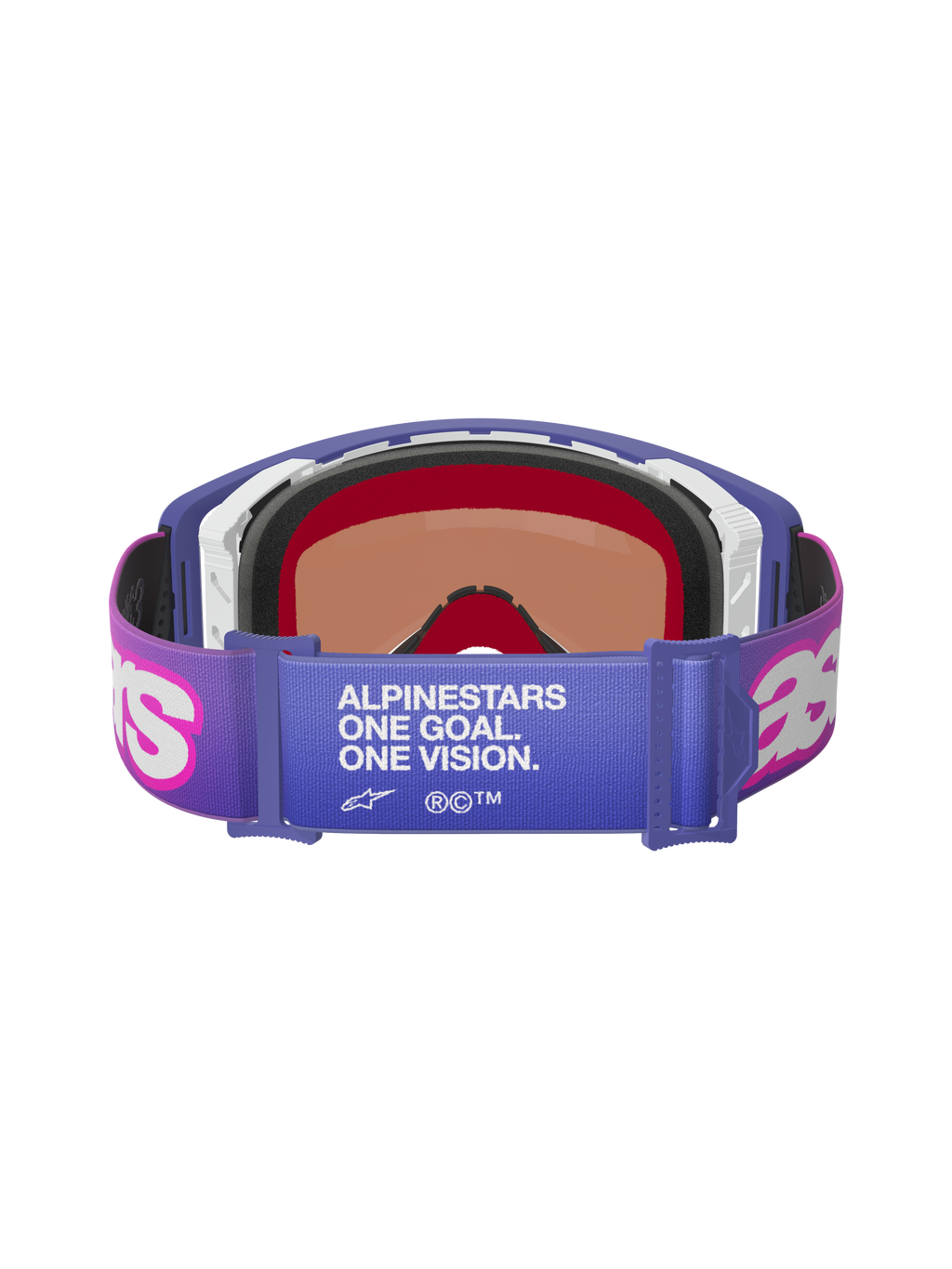 Alpinestars Supertech Vision Vista Goggles, Purple Fluo Pink Mirror Blue, rear view showing elastic strap with "ALPINESTARS ONE GOAL. ONE VISION." white text, pink Astar logos, purple frame with thick foam padding, professional off-road racing eyewear