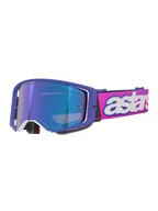 Alpinestars Supertech Vision Vista Goggles, Motocross Goggles, Purple frame with white accents and blue mirror lens, fluo pink strap with bold white 'astars' branding, professional off-road racing eyewear
