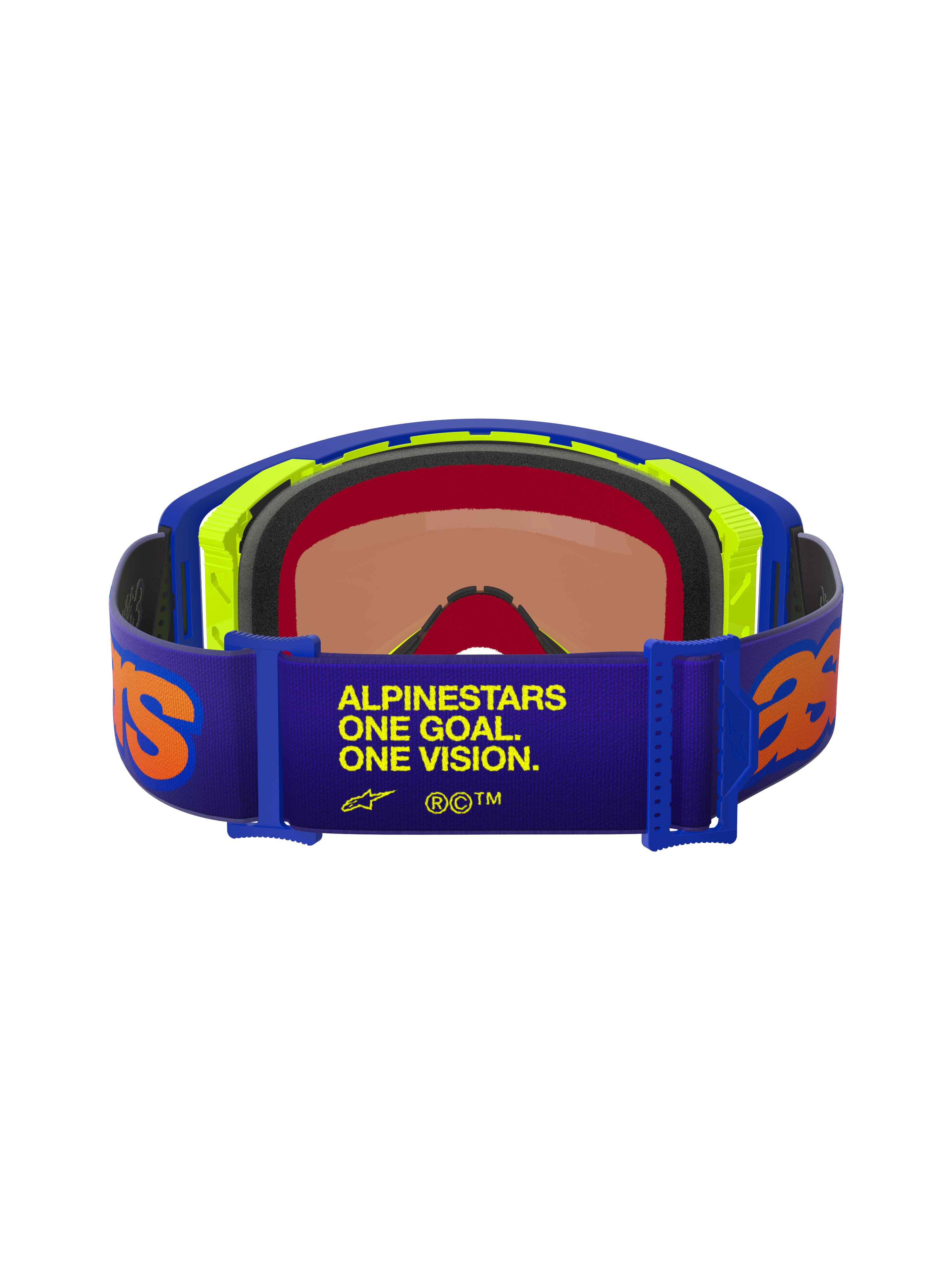 Alpinestars Supertech Vision Vista Goggles, Rear view, Purple strap with yellow "ONE GOAL. ONE VISION." text and orange logos, Blue and Neon Yellow frame, multi-layer face foam, Mirror Red tinted lens, professional motocross eyewear