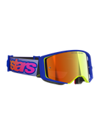 Alpinestars Supertech Vision Vista Goggles, Motocross Goggles, Blue and Yellow frame with Mirror Red tinted lens, purple strap with bold pink Alpinestars branding, professional off-road racing eyewear