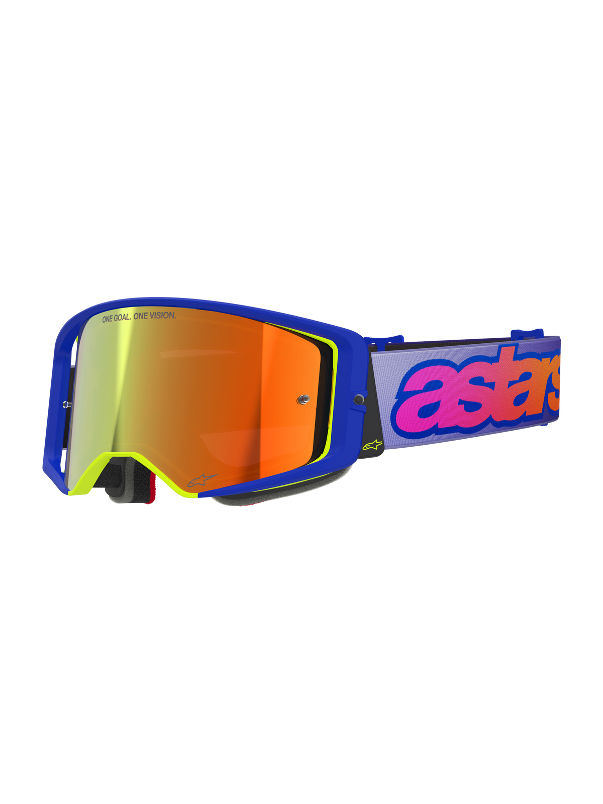 Alpinestars Supertech Vision Vista Goggles, Motocross Goggles, Blue frame with neon yellow accents, Orange-red mirrored lens, Light purple strap with pink and orange 'astars' branding, 'ONE GOAL. ONE VISION.' lens text