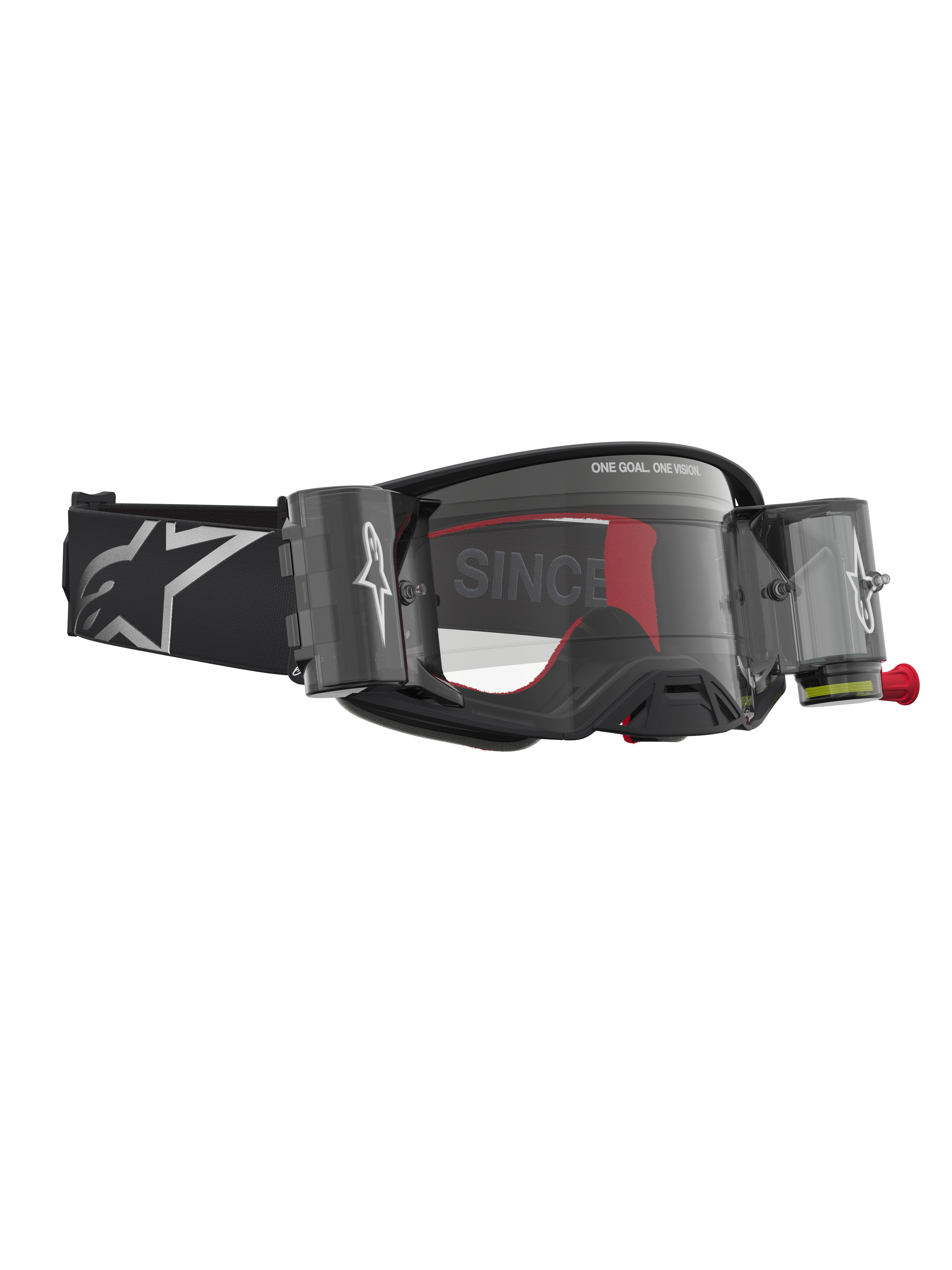 Alpinestars Supertech Firma Roll Off Goggles for Motocross, Black and Silver racing goggles with a clear roll-off system.