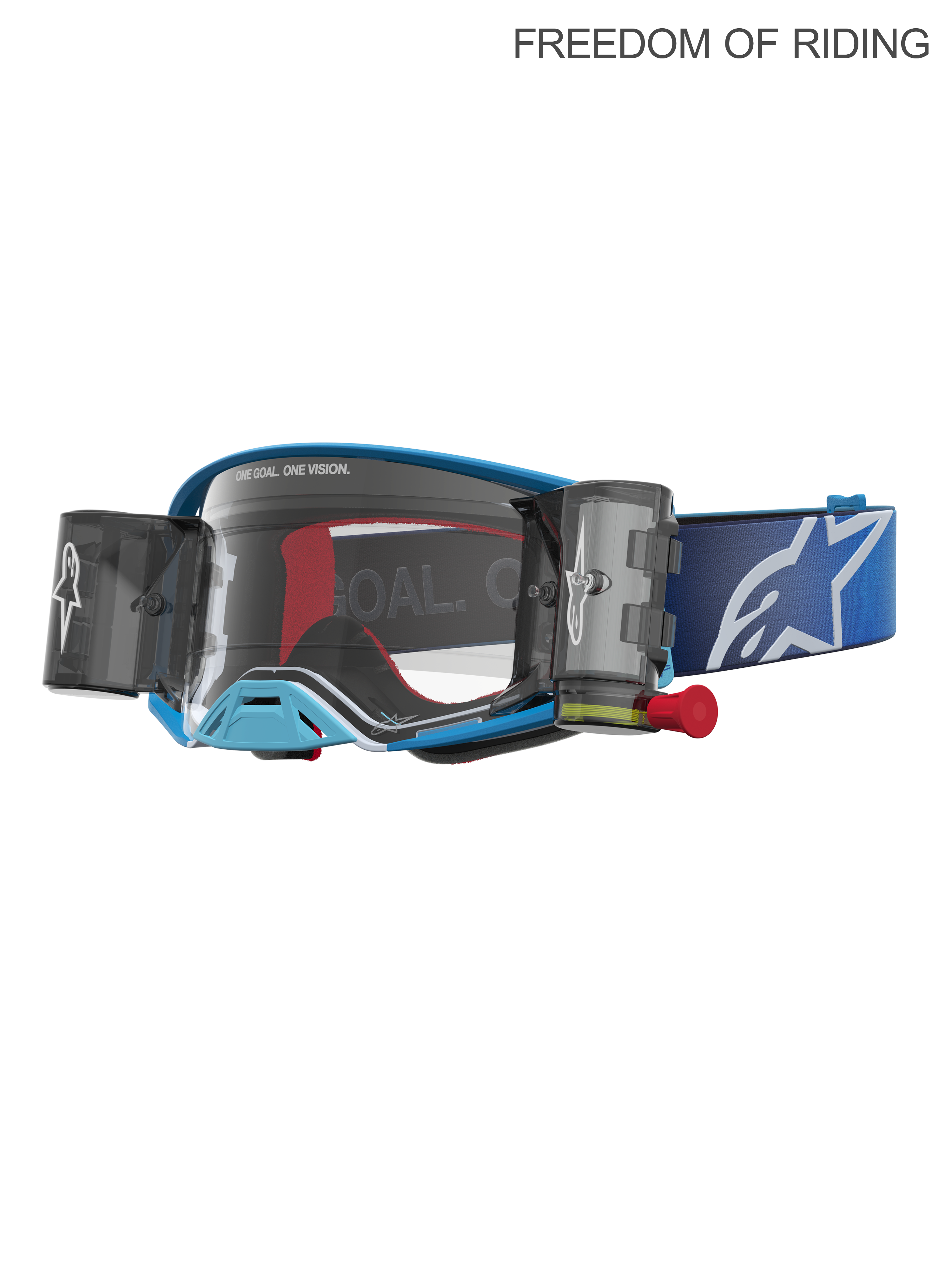 Alpinestars Supertech Firma Roll Off veiligheidsbril, motocross- en off-road racebril, unisex, blauw en zilver, voorzien van een geïntegreerd roll-off systeem voor helder zicht, een heldere polycarbonaatlens en een brede blauwe verstelbare band met wit logo. Ontwikkeld voor Supercross en elite MX-prestaties.