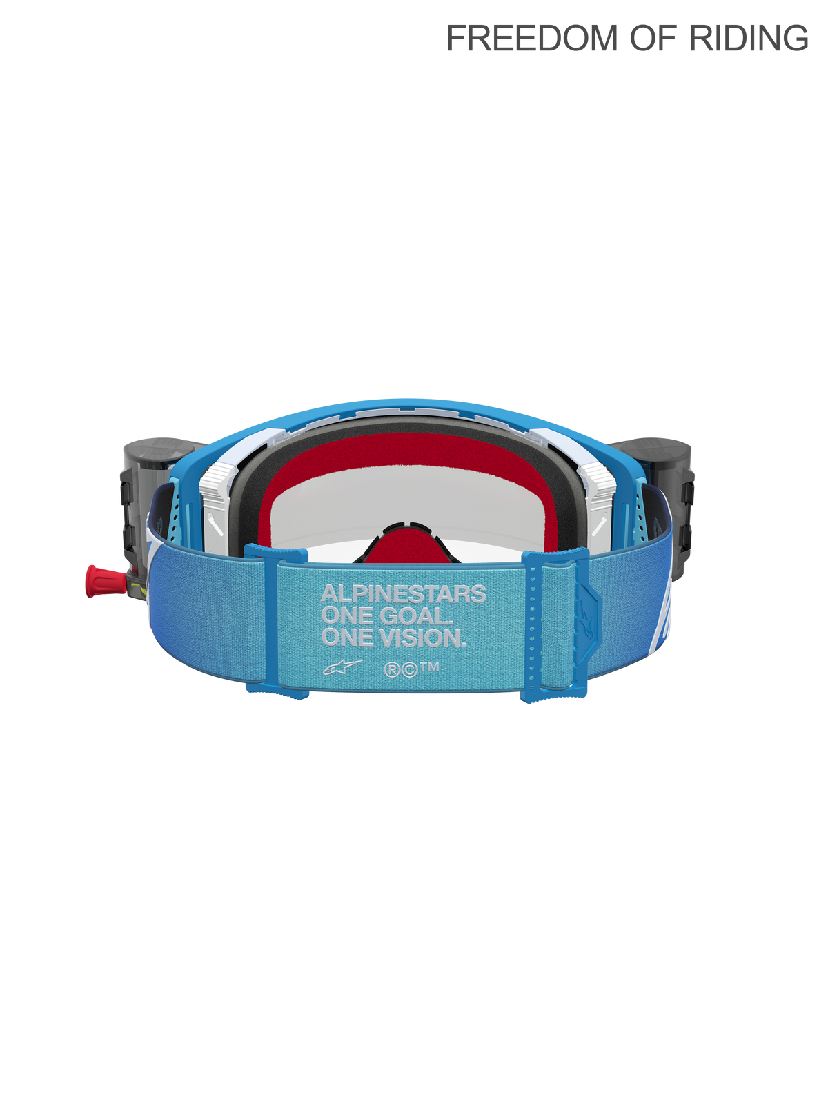 Alpinestars Supertech Firma Roll Off Goggles, Motocross Racing Goggles, Blue and Silver with Red foam, back view showing the 'One Goal. One Vision.' manifesto on the strap and side roll-off system canisters, clear lens for off-road and Supercross performance.