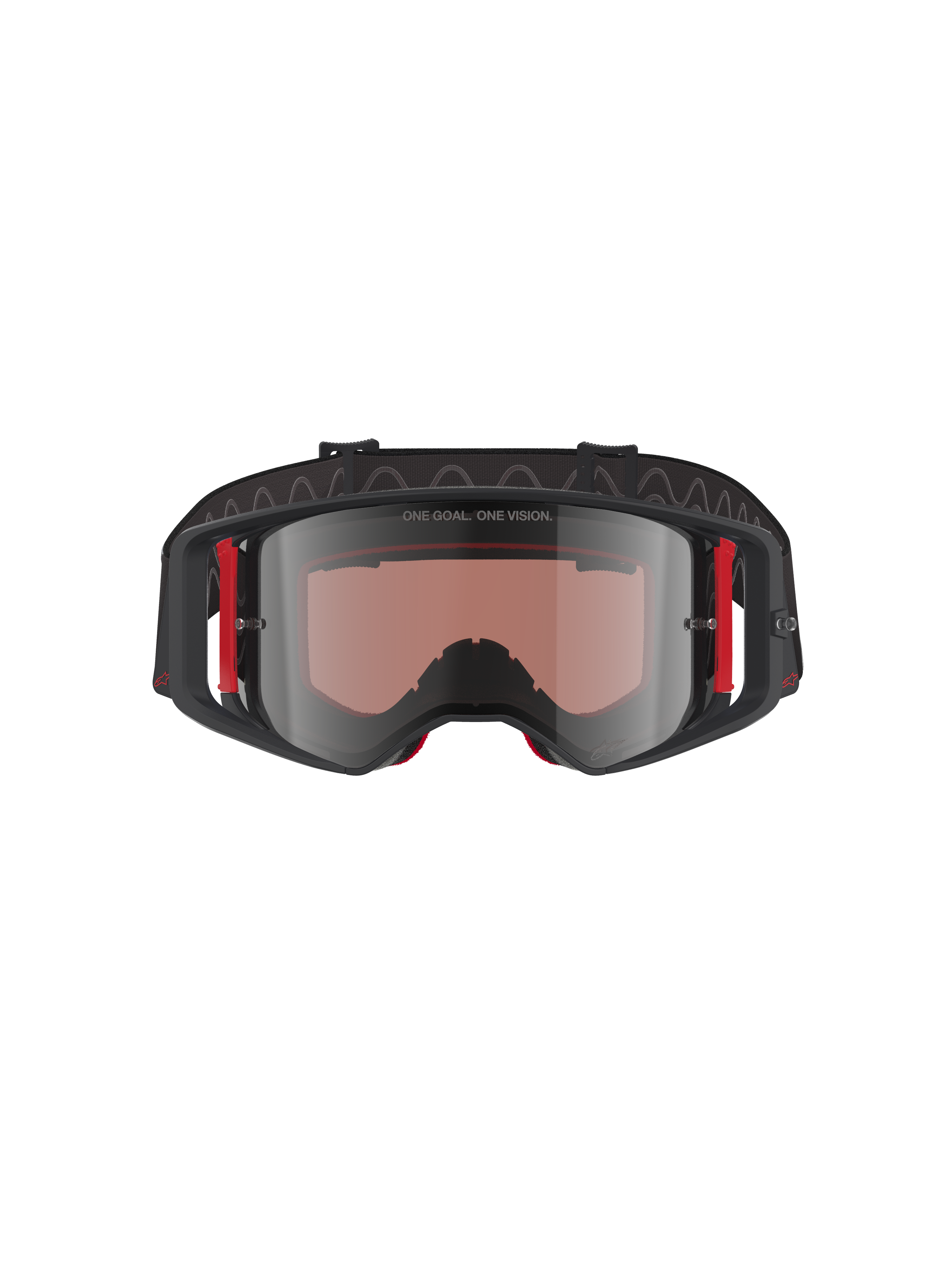 Alpinestars Supertech Corp Goggles Absolute Vision, Motocross Goggles, Black and Red frame with Mirror Silver lens, featuring 'ONE GOAL. ONE VISION.' text on the top frame and red side accents, professional-grade eye protection for motocross