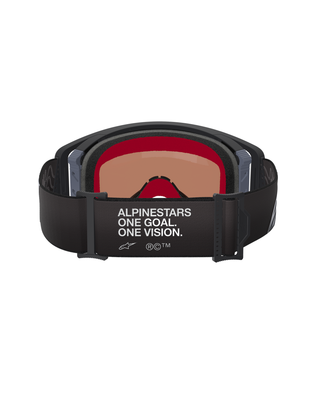 Alpinestars Supertech Corp Goggles Absolute Vision, motorcrossbril, zwart en grijs, achteraanzicht met zwarte verstelbare band met witte 'ALPINESTARS ONE GOAL. ONE VISION.' tekst, warm getinte lens en meerlaags gezichtsschuim