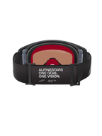 Alpinestars Supertech Corp Goggles Absolute Vision, motorcrossbril, zwart en grijs, achteraanzicht met zwarte verstelbare band met witte 'ALPINESTARS ONE GOAL. ONE VISION.' tekst, warm getinte lens en meerlaags gezichtsschuim