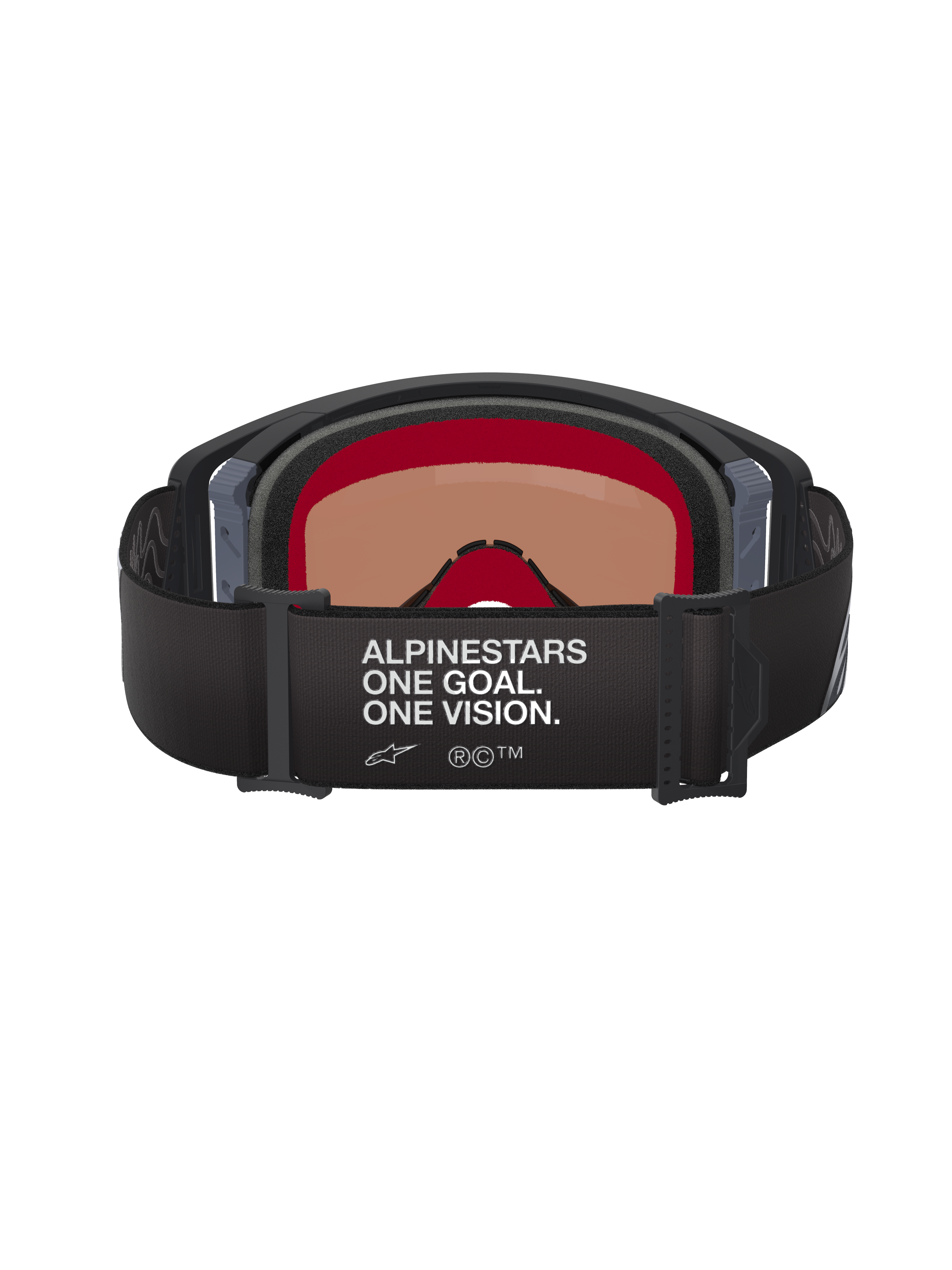 Alpinestars Supertech Corp Goggles Absolute Vision, motorcrossbril, zwart en grijs, achteraanzicht met zwarte verstelbare band met witte 'ALPINESTARS ONE GOAL. ONE VISION.' tekst, warm getinte lens en meerlaags gezichtsschuim