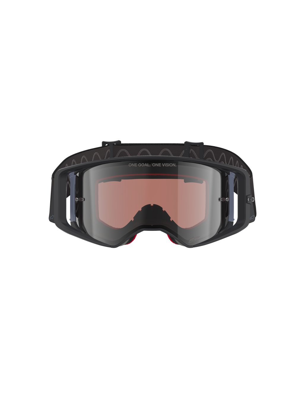 Alpinestars Supertech Corp Absolute Vision motorcrossbril, zwart grijs met zilveren spiegellens, voorzien van "ONE GOAL. ONE VISION." tekst op de lens, brede polycarbonaat lens, hoogwaardige oogbescherming voor off-road racen