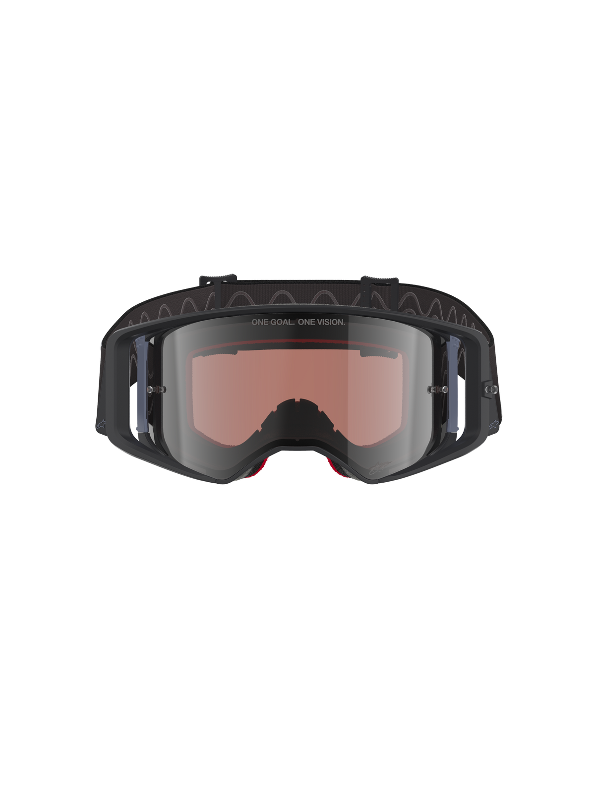 Alpinestars Supertech Corp Absolute Vision motorcrossbril, zwart grijs met zilveren spiegellens, voorzien van "ONE GOAL. ONE VISION." tekst op de lens, brede polycarbonaat lens, hoogwaardige oogbescherming voor off-road racen
