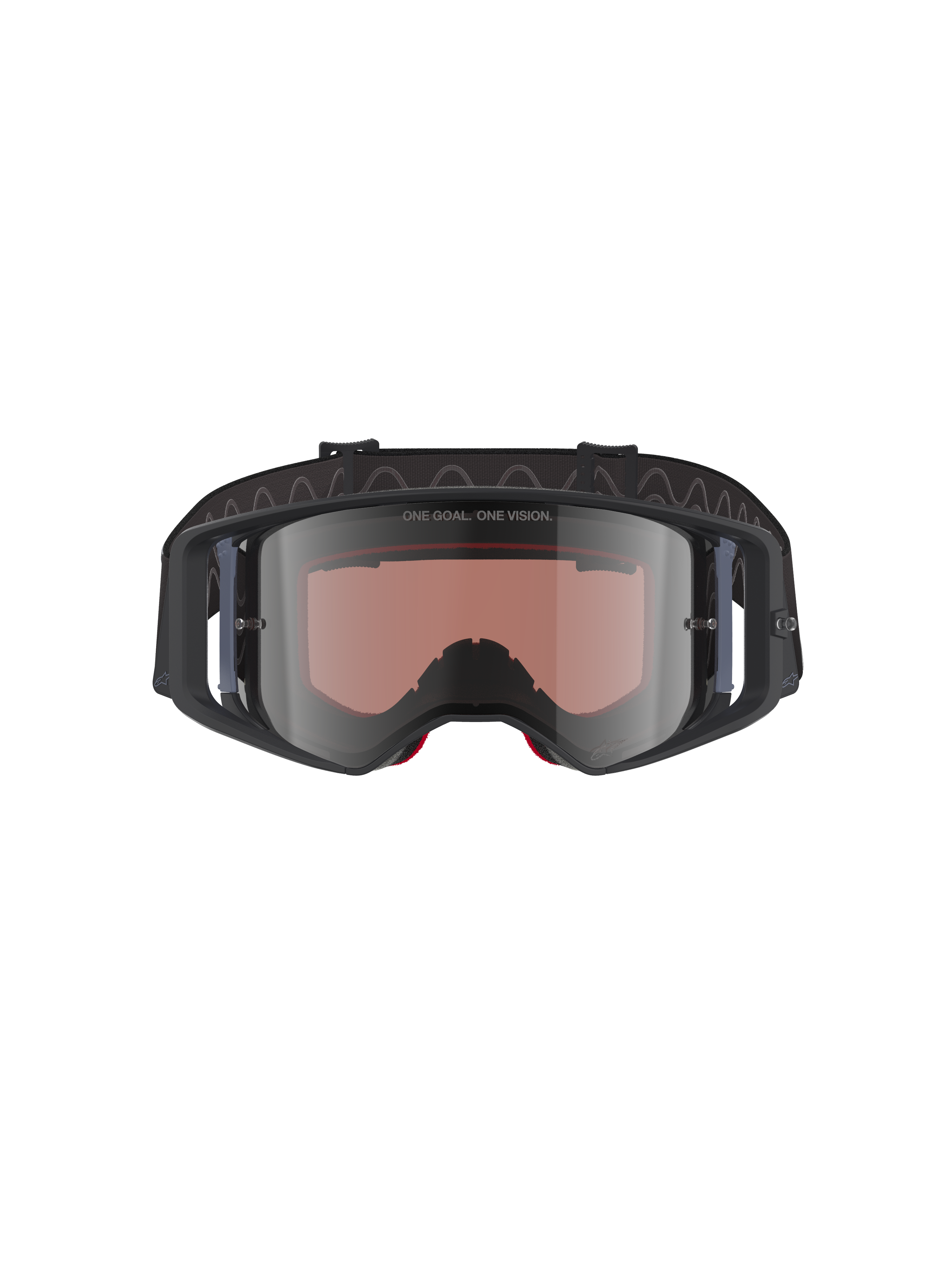Alpinestars Supertech Corp Absolute Vision motorcrossbril, zwart grijs met zilveren spiegellens, voorzien van "ONE GOAL. ONE VISION." tekst op de lens, brede polycarbonaat lens, hoogwaardige oogbescherming voor off-road racen