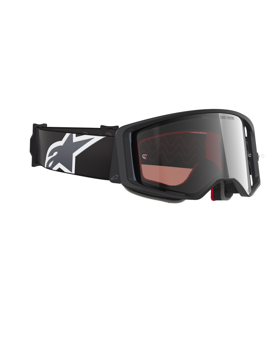 Alpinestars Supertech Corp Goggles Absolute Vision, motorcrossbril, zwart en grijs frame met Mirror Silver lens, brede zwarte band met wit en grijs Astars-logo, hoogwaardige bril voor off-road racen.