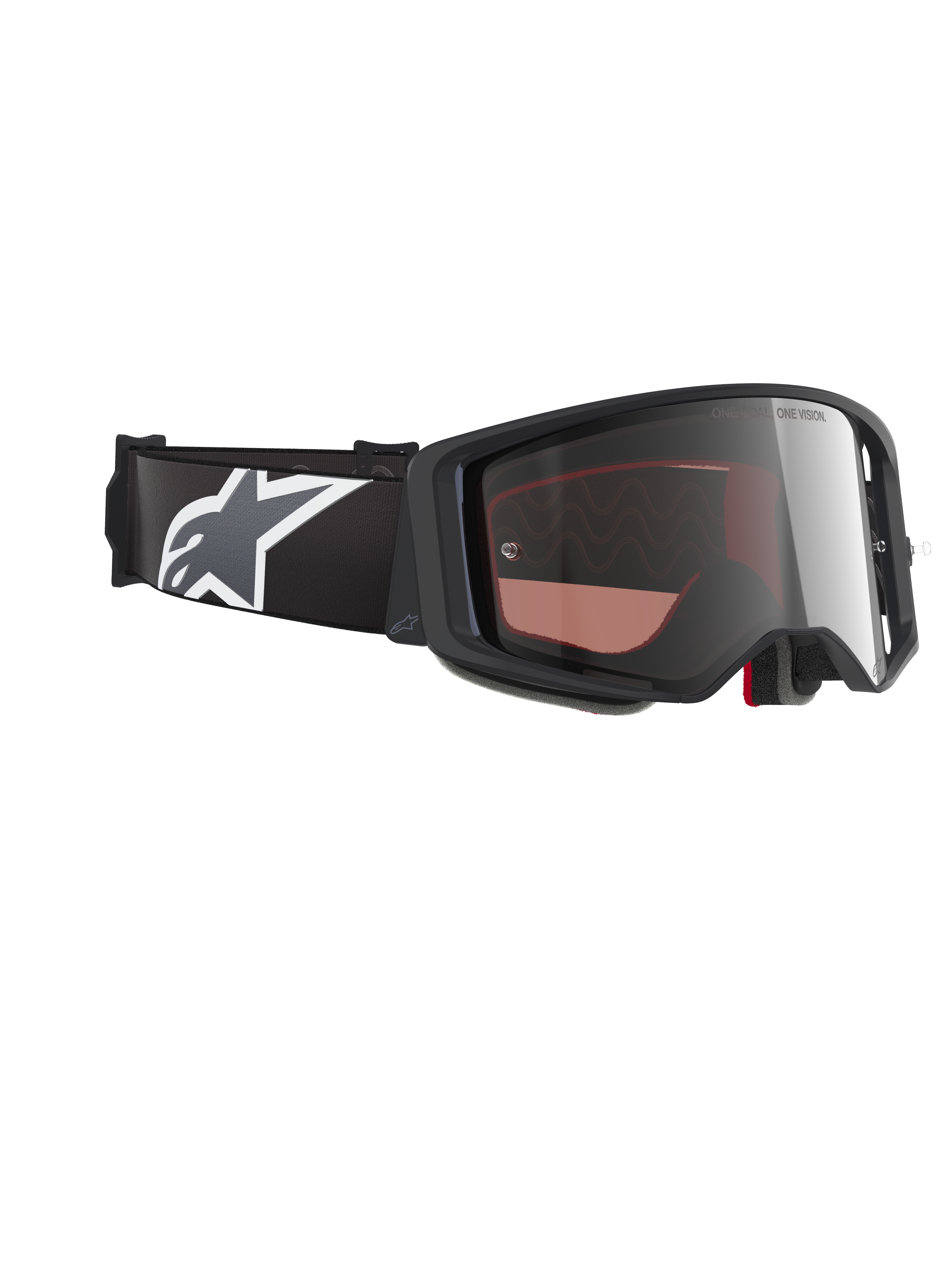 Alpinestars Supertech Corp Goggles Absolute Vision, motorcrossbril, zwart en grijs frame met Mirror Silver lens, brede zwarte band met wit en grijs Astars-logo, hoogwaardige bril voor off-road racen.