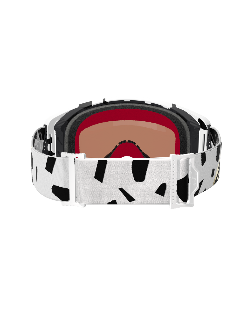 Achteraanzicht van Alpinestars Supertech Corp Goggles Absolute Vision, White Gold Mirror Gold, met een witte band met zwarte abstracte patronen, witte verstelgespen en meerlaags gezichtsschuim voor motocross en off-road racing.