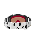 Achteraanzicht van Alpinestars Supertech Corp Goggles Absolute Vision, White Gold Mirror Gold, met een witte band met zwarte abstracte patronen, witte verstelgespen en meerlaags gezichtsschuim voor motocross en off-road racing.