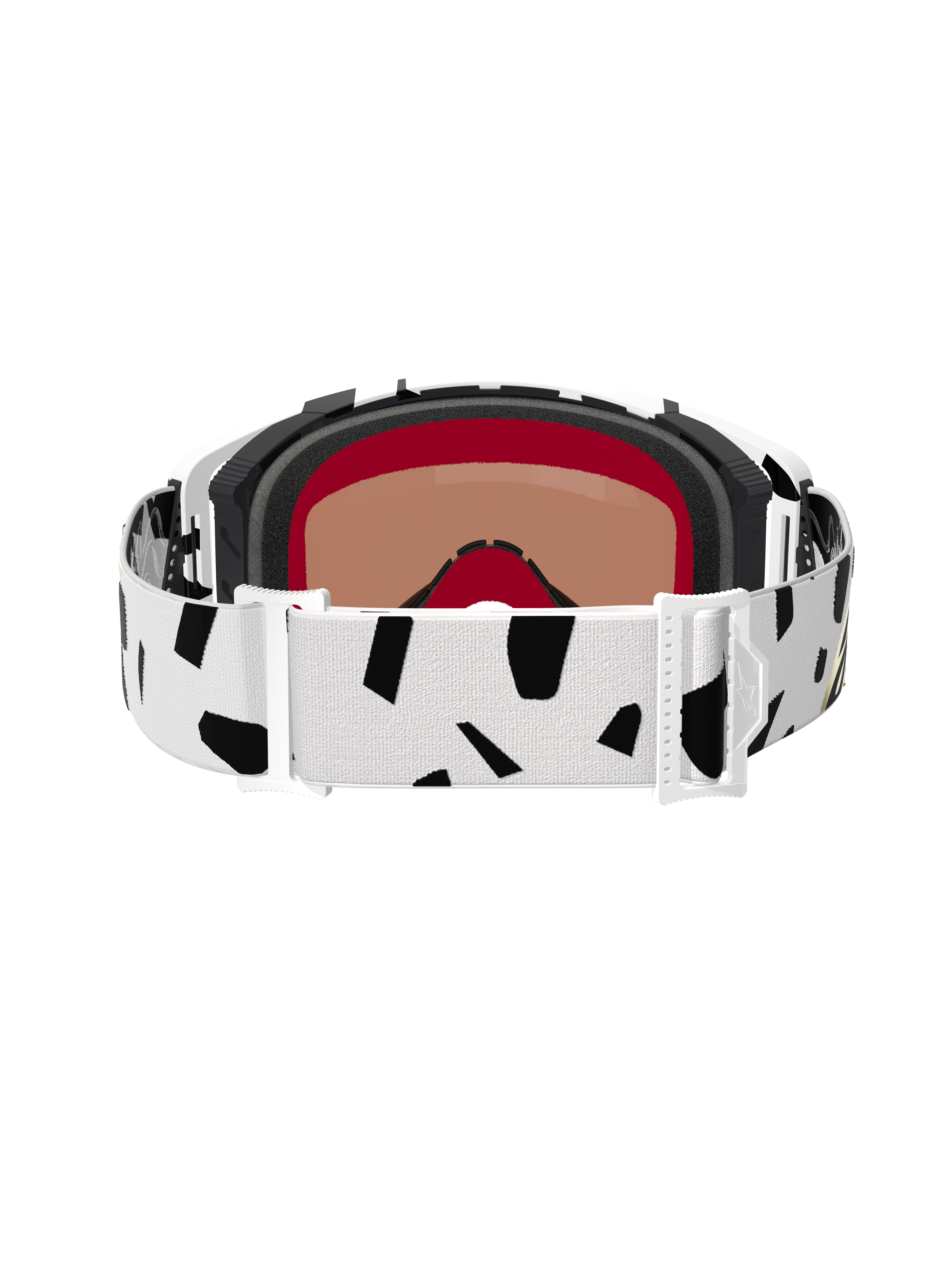 Achteraanzicht van Alpinestars Supertech Corp Goggles Absolute Vision, White Gold Mirror Gold, met een witte band met zwarte abstracte patronen, witte verstelgespen en meerlaags gezichtsschuim voor motocross en off-road racing.