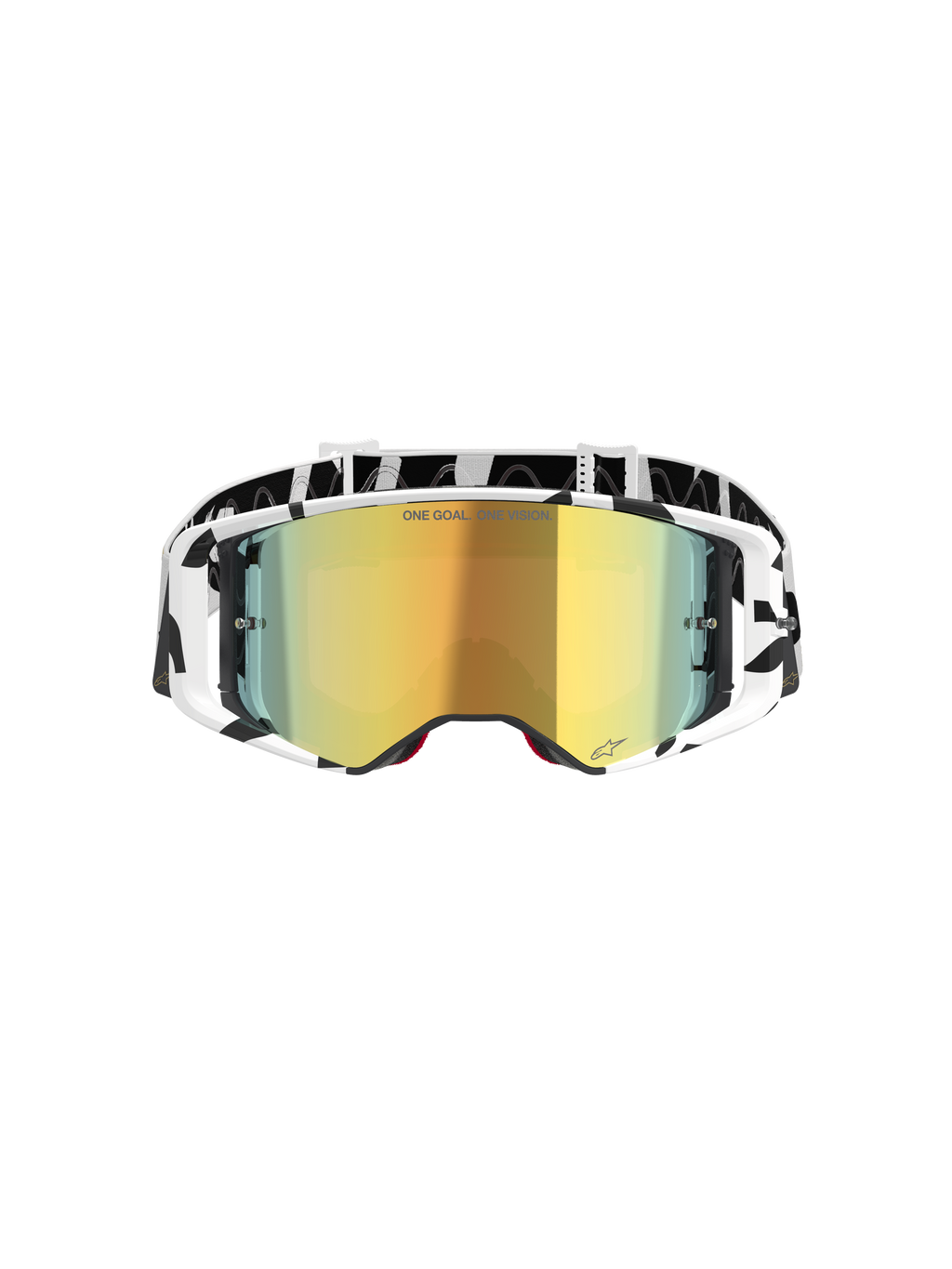 Alpinestars Supertech Corp Goggles Absolute Vision, motorcrossbril, wit en goud gespiegeld, voorzien van een zwart-wit grafisch frame en band, goudkleurige spiegellens met 'ONE GOAL. ONE VISION.' tekst, hoogwaardige off-road bril