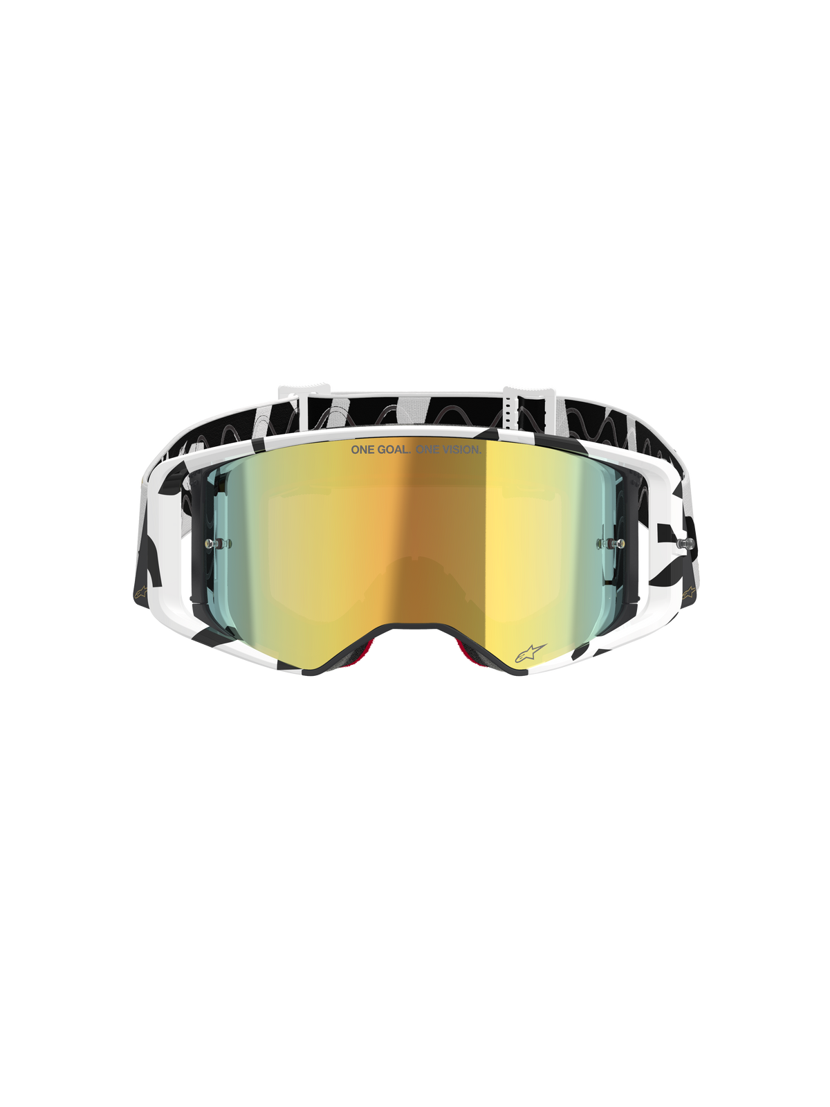 Alpinestars Supertech Corp Goggles Absolute Vision, motorcrossbril, wit en goud gespiegeld, voorzien van een zwart-wit grafisch frame en band, goudkleurige spiegellens met 'ONE GOAL. ONE VISION.' tekst, hoogwaardige off-road bril