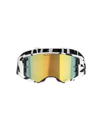 Alpinestars Supertech Corp Goggles Absolute Vision, motorcrossbril, wit en goud gespiegeld, voorzien van een zwart-wit grafisch frame en band, goudkleurige spiegellens met 'ONE GOAL. ONE VISION.' tekst, hoogwaardige off-road bril